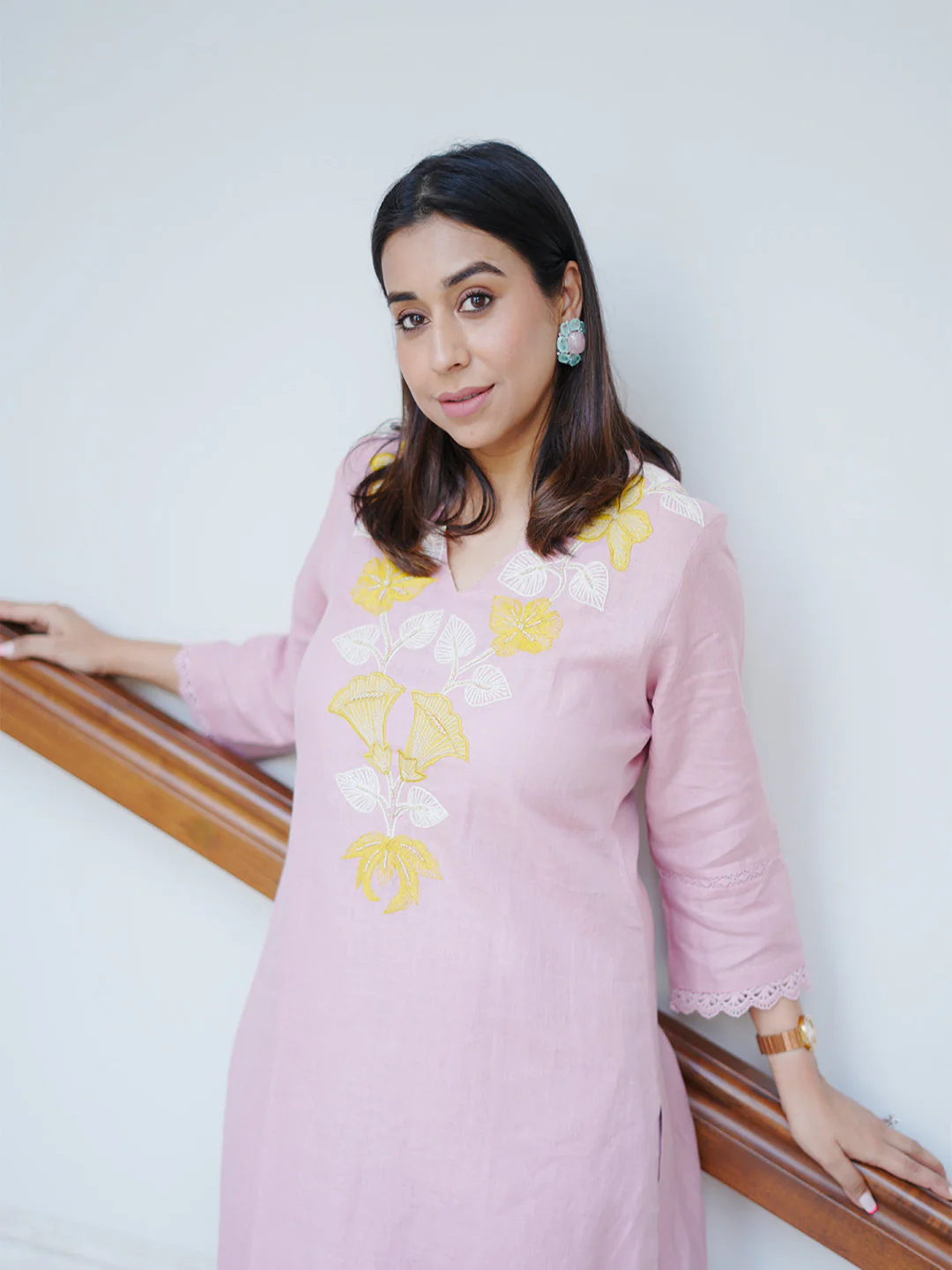 Neerus Baby Pink Casual Embroidered Kurta and Trouser - Image 2