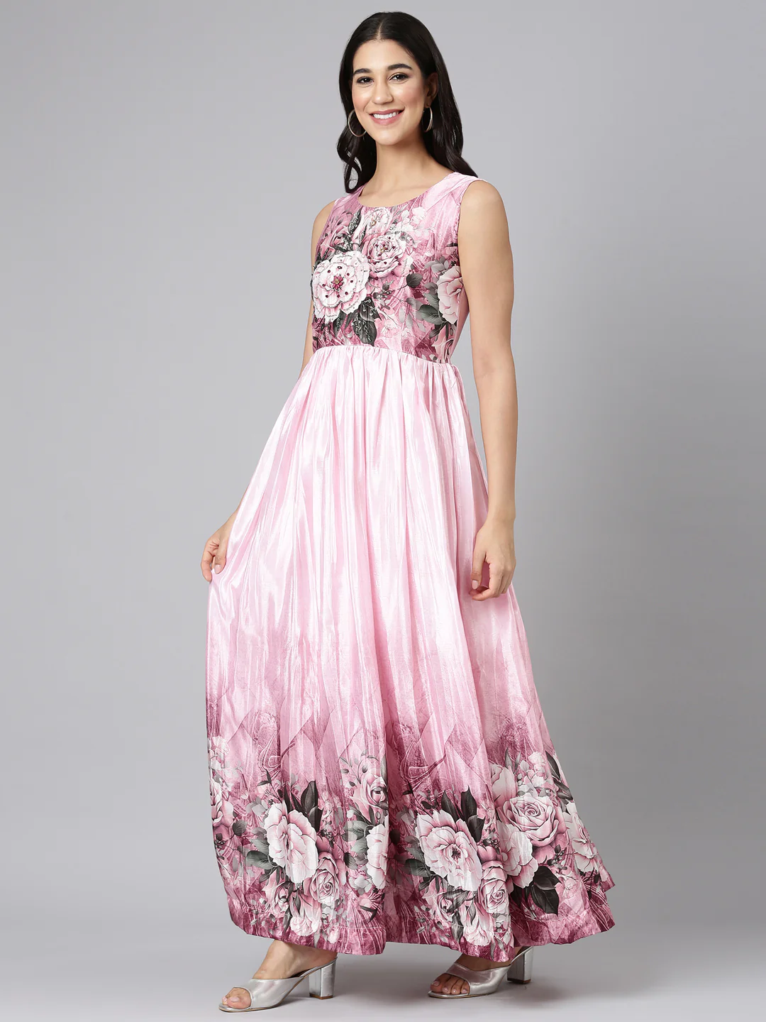 Neerus Baby Pink Casual Floral Maxi Dresses - Image 2