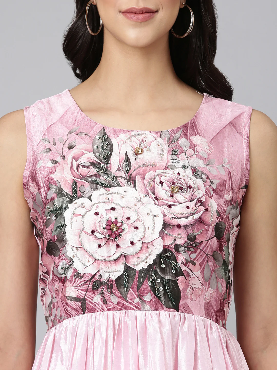 Neerus Baby Pink Casual Floral Maxi Dresses - Image 4