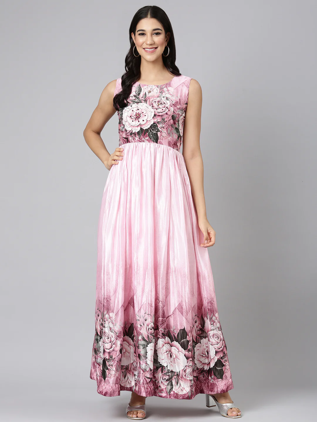Neerus Baby Pink Casual Floral Maxi Dresses - Image 5