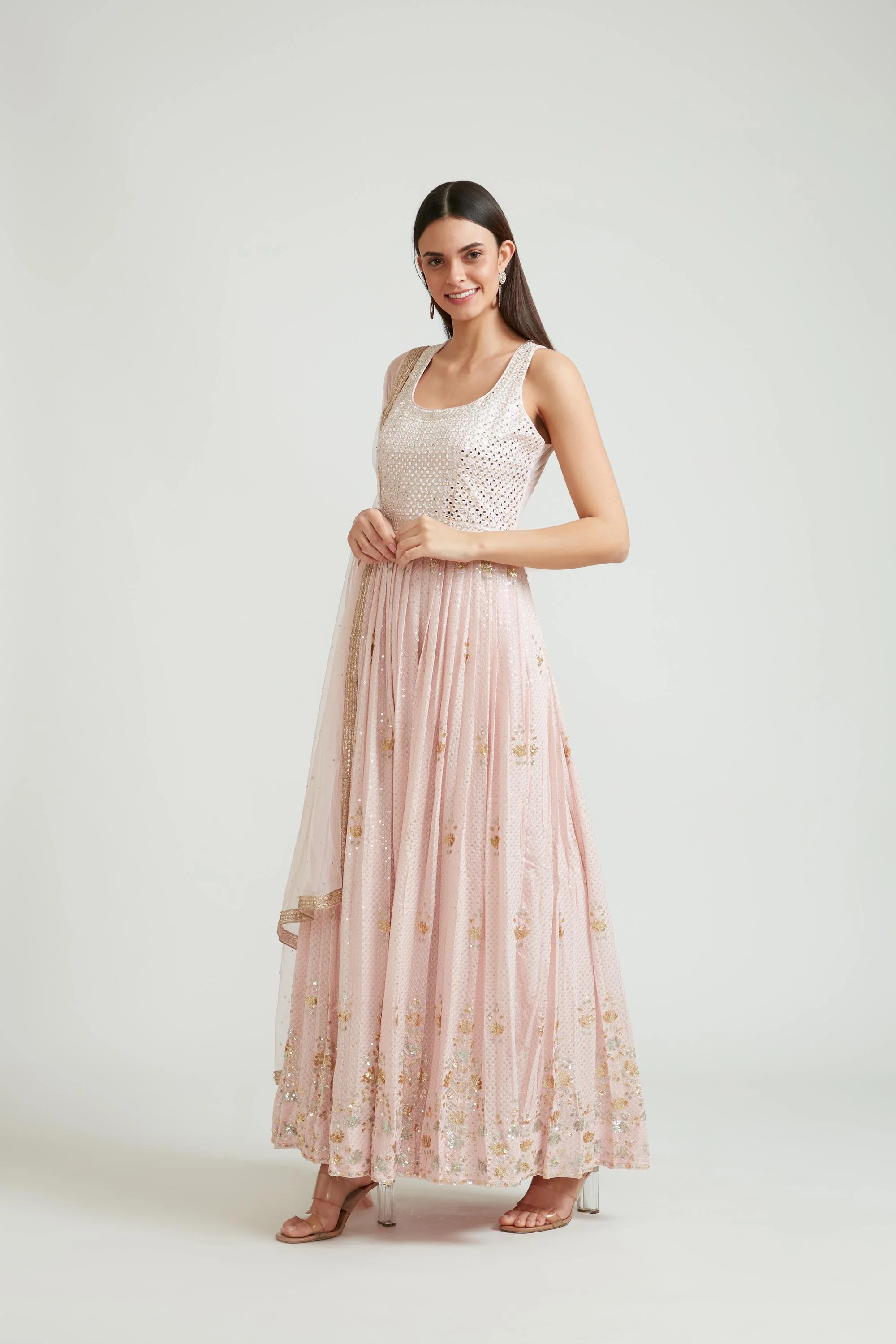 Neerus Baby Pink Color Georgette Fabric Anarkali Suit Set