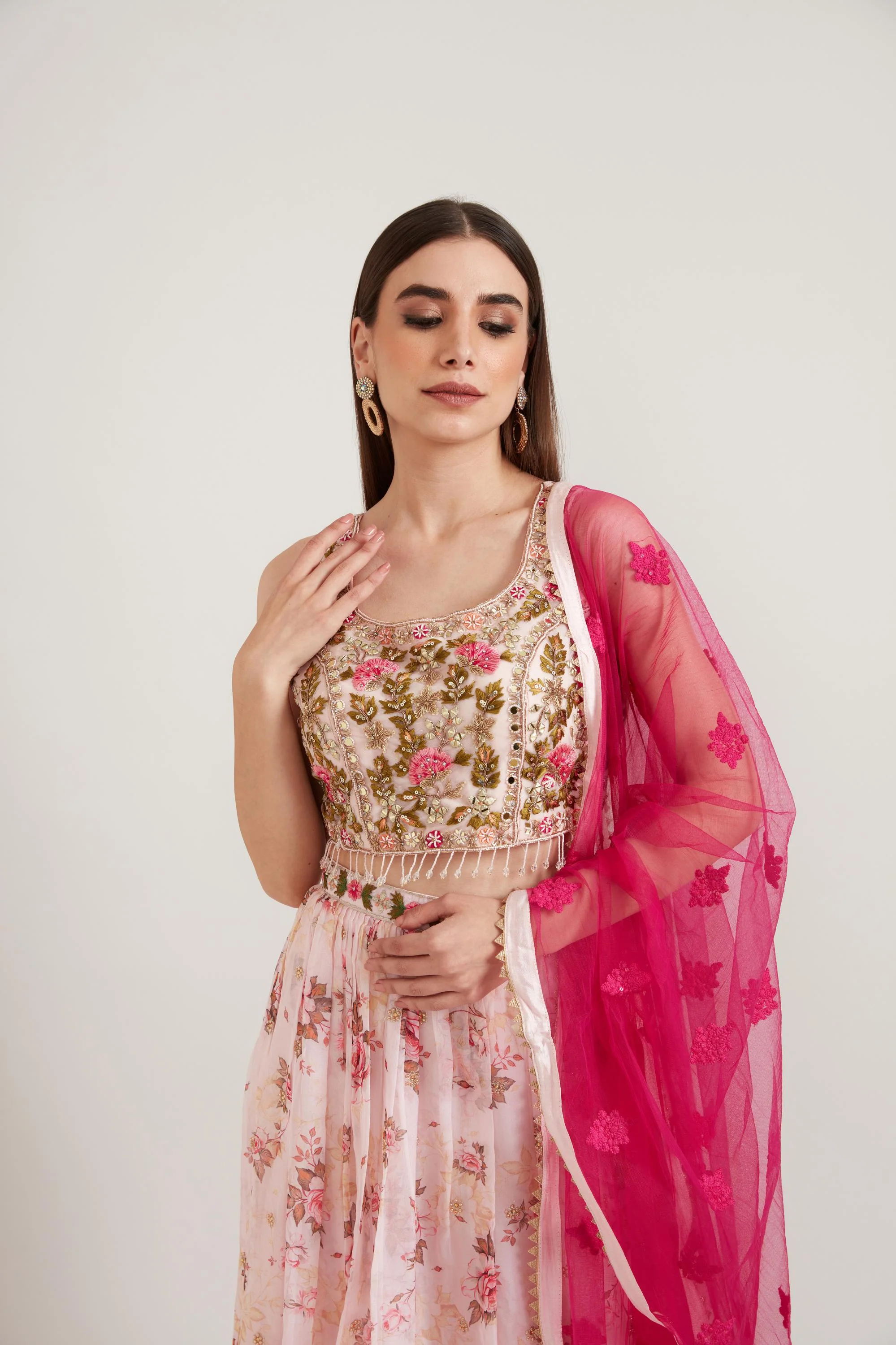 Neerus Baby Pink Color Organza Fabric Ghagra Set