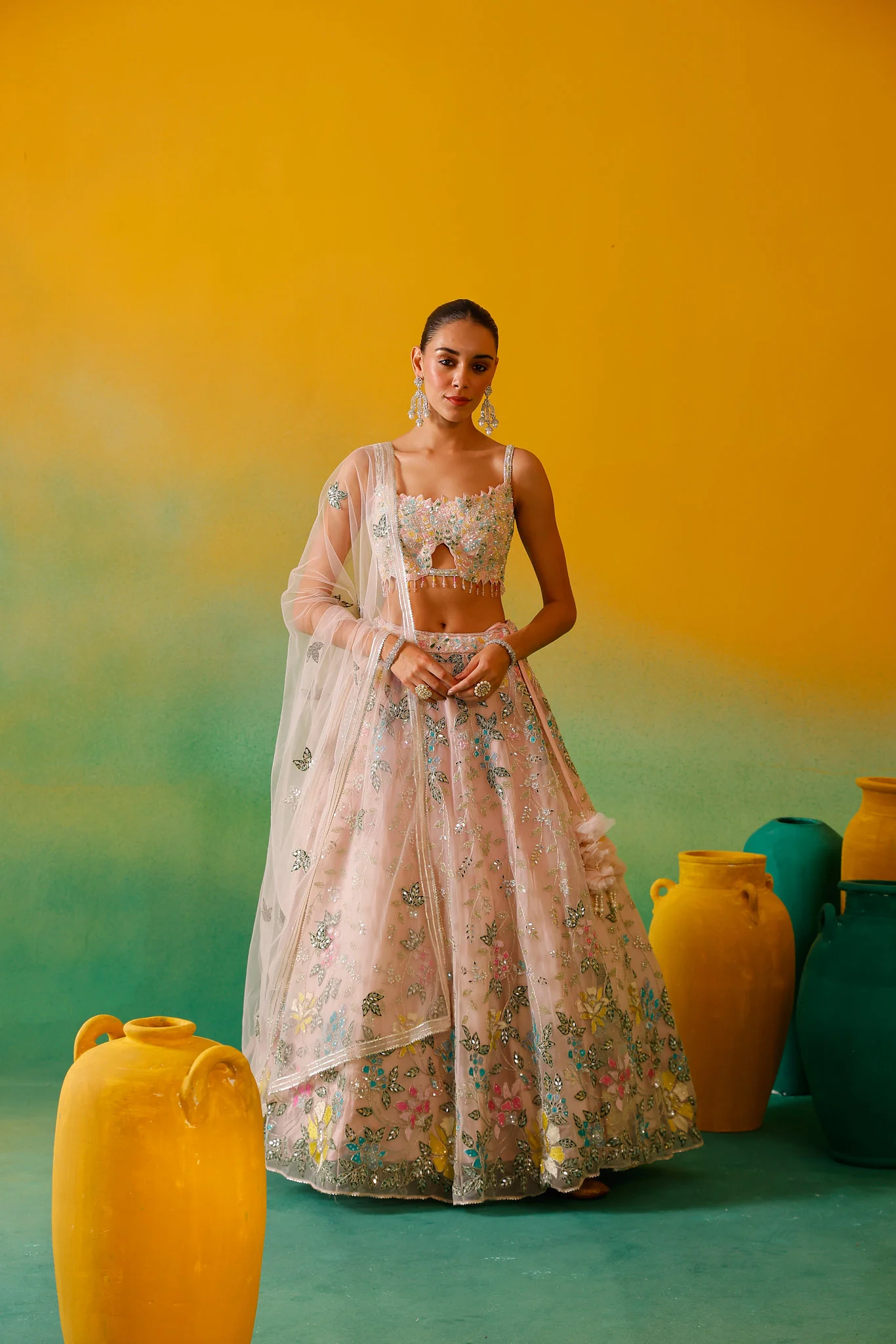 Neerus Baby Pink Embroidery work Nett Fabric Ghagra Set - Image 4
