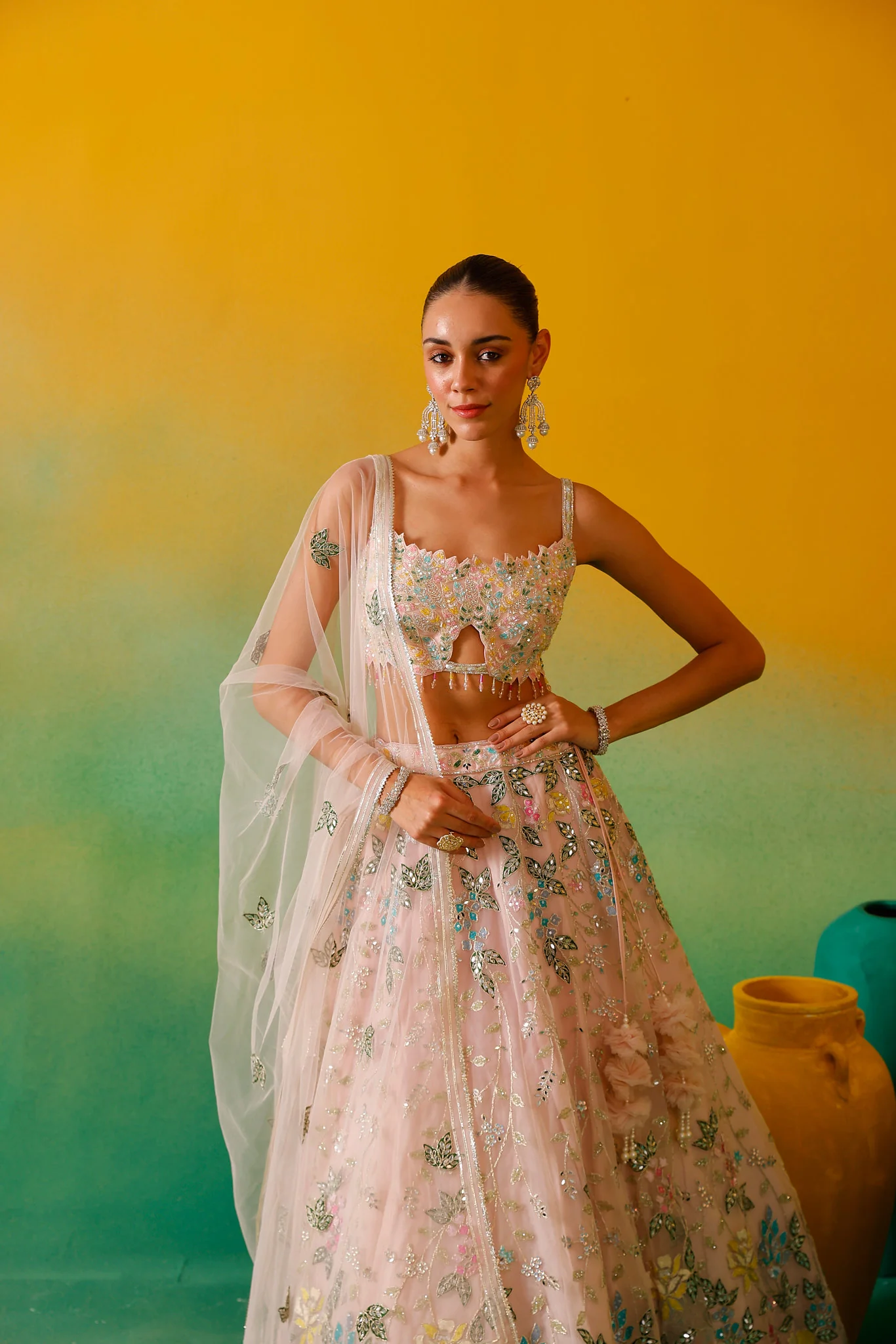 Neerus Baby Pink Embroidery work Nett Fabric Ghagra Set - Image 9