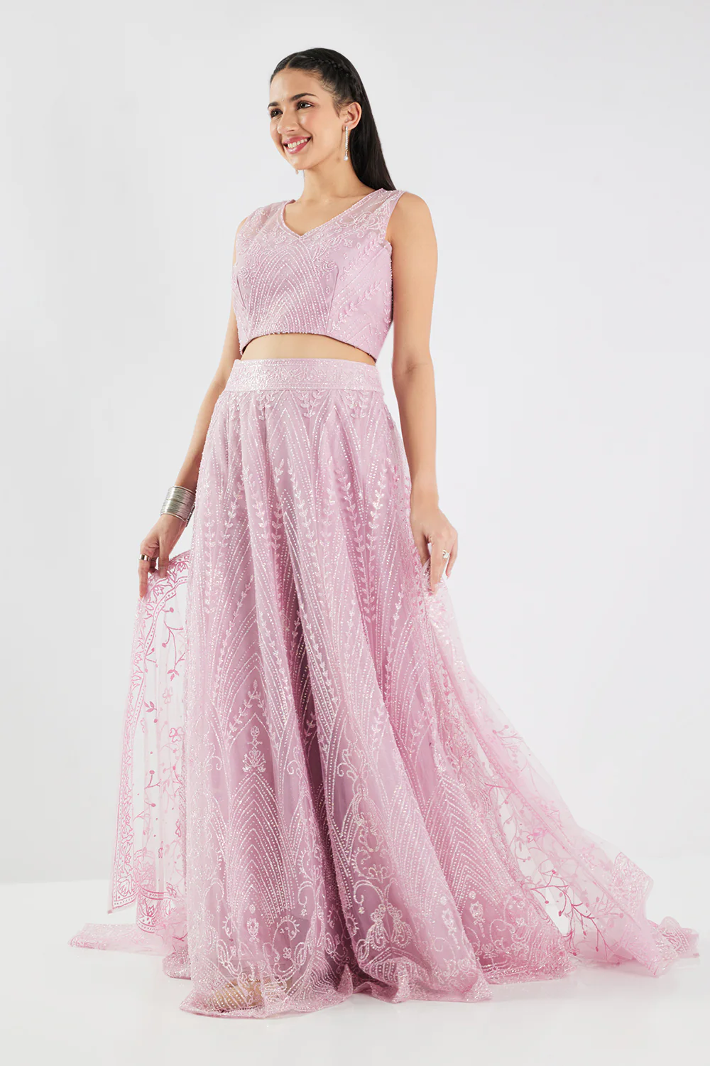 Neerus Baby Pink Sequence and Embroidered Work Net Fabric Ghagra Set - Image 2