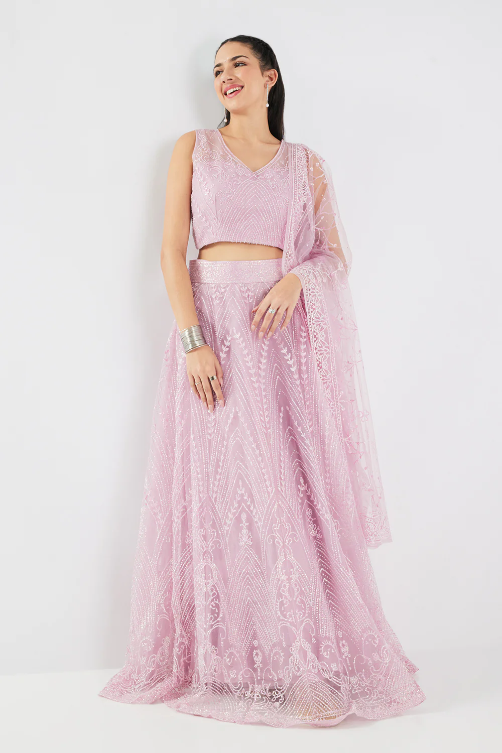 Neerus Baby Pink Sequence and Embroidered Work Net Fabric Ghagra Set - Image 3