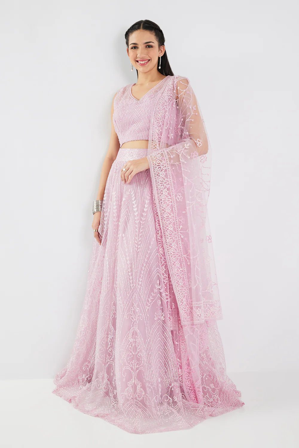 Neerus Baby Pink Sequence and Embroidered Work Net Fabric Ghagra Set - Image 6