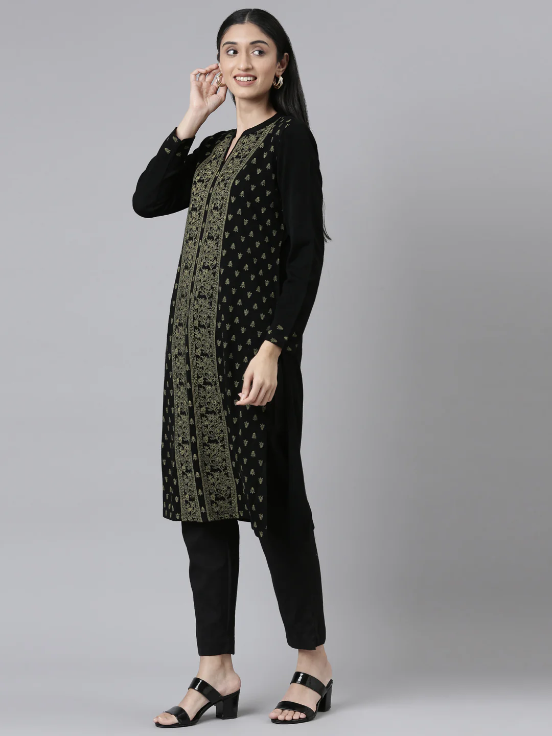Neerus Winter Wear Band Collar Ethnic Motifs Printed Straight Fit Acrylic Regular Kurta For Women - Image 2