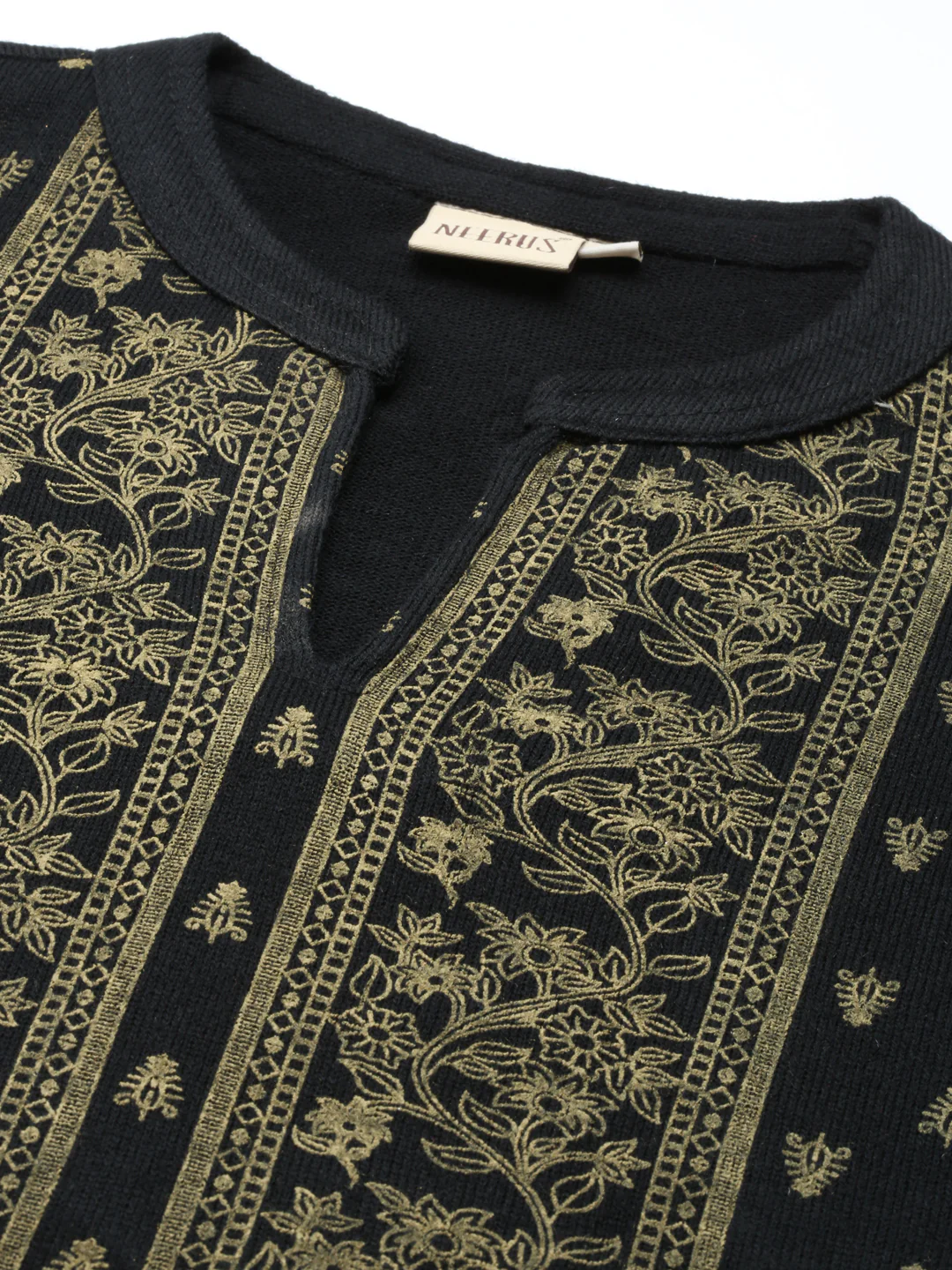 Neerus Winter Wear Band Collar Ethnic Motifs Printed Straight Fit Acrylic Regular Kurta For Women - Image 4