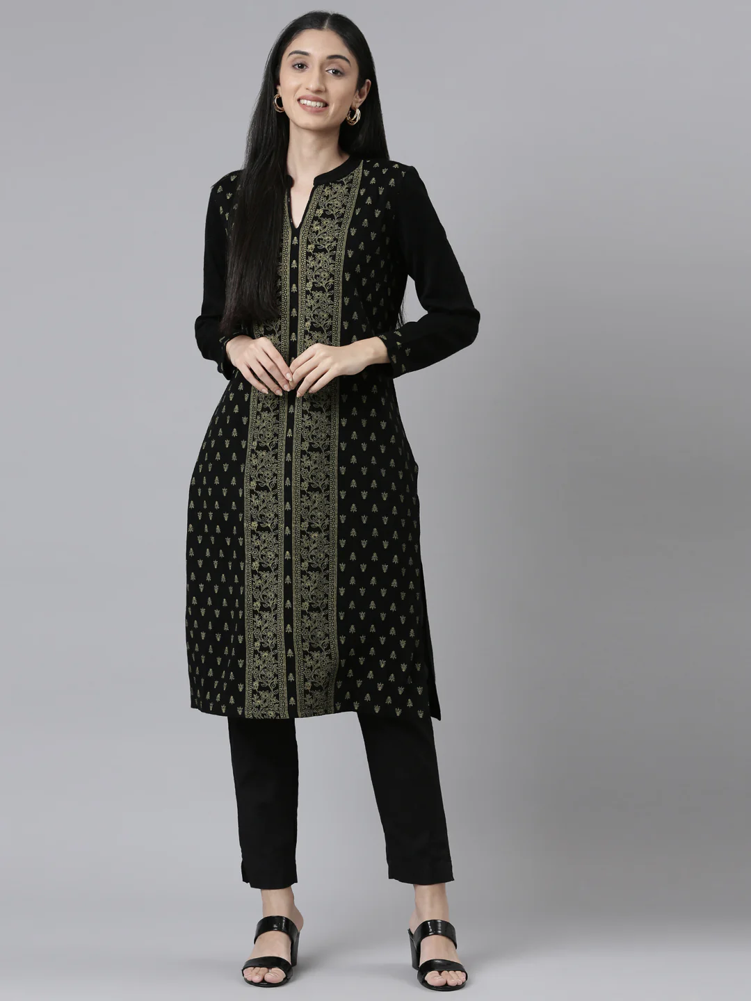 Neerus Winter Wear Band Collar Ethnic Motifs Printed Straight Fit Acrylic Regular Kurta For Women - Image 5