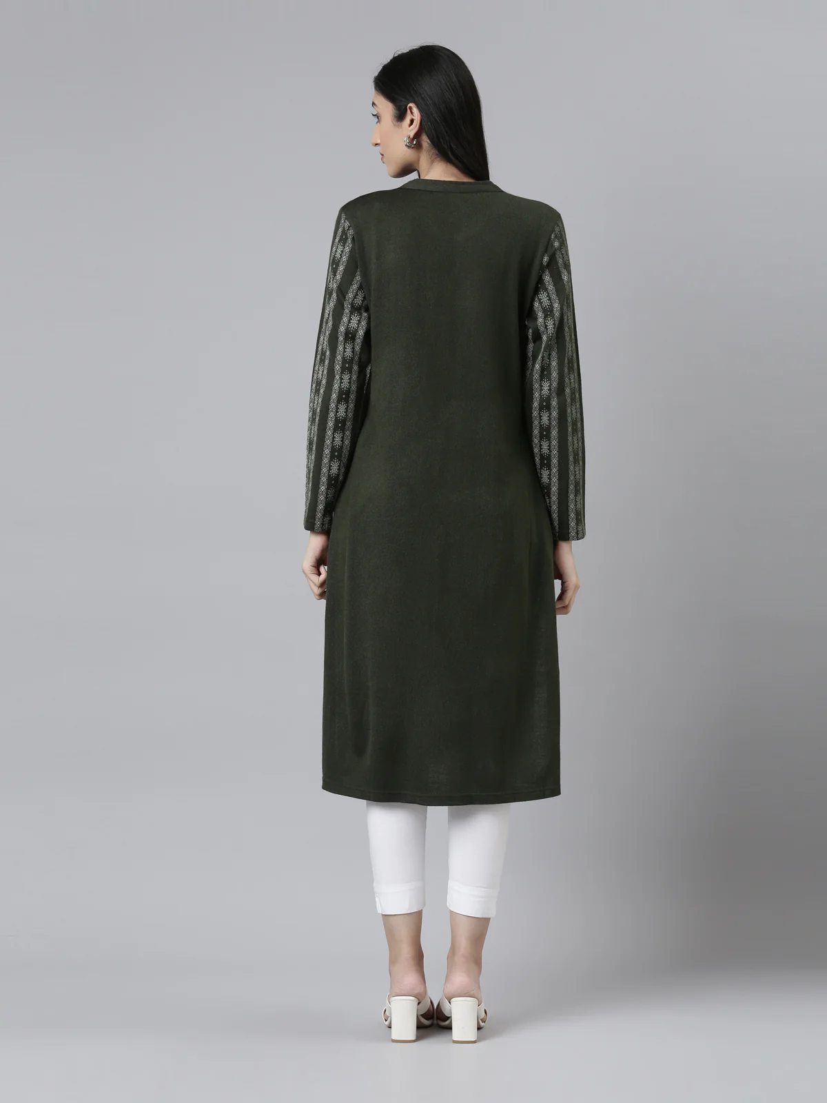 Neerus Winter Wear Band Collar Ethnic Motifs Printed Straight Fit Acrylic Regular Kurta For Women - Image 3