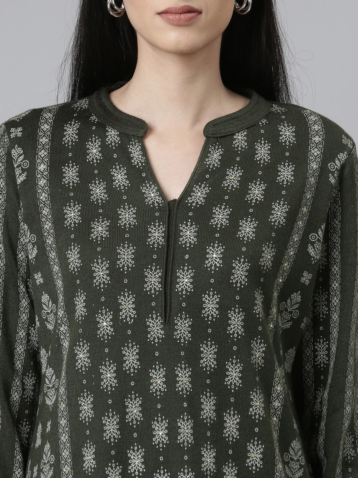Neerus Winter Wear Band Collar Ethnic Motifs Printed Straight Fit Acrylic Regular Kurta For Women - Image 4