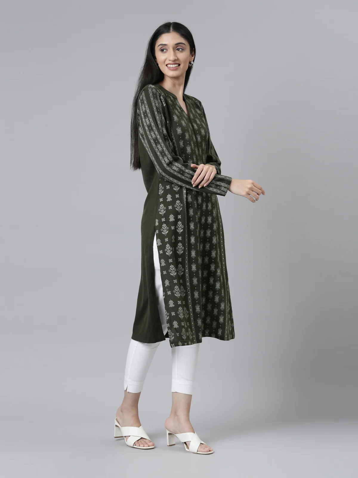 Neerus Winter Wear Band Collar Ethnic Motifs Printed Straight Fit Acrylic Regular Kurta For Women - Image 5