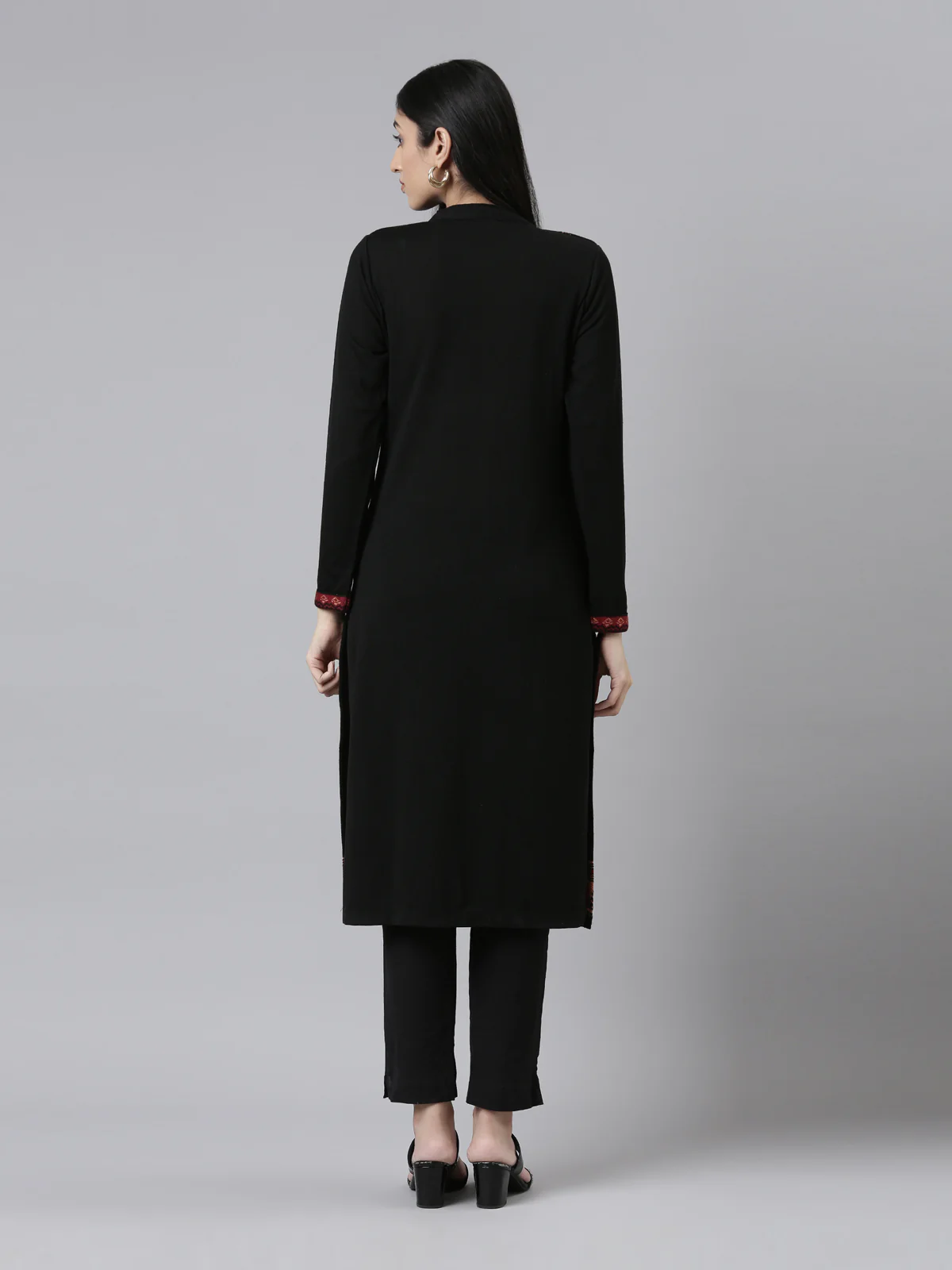 Neerus Winter Wear Band Collar Ethnic Motifs Woven Design Regular Fit Acrylic Kurta For Women - Image 3