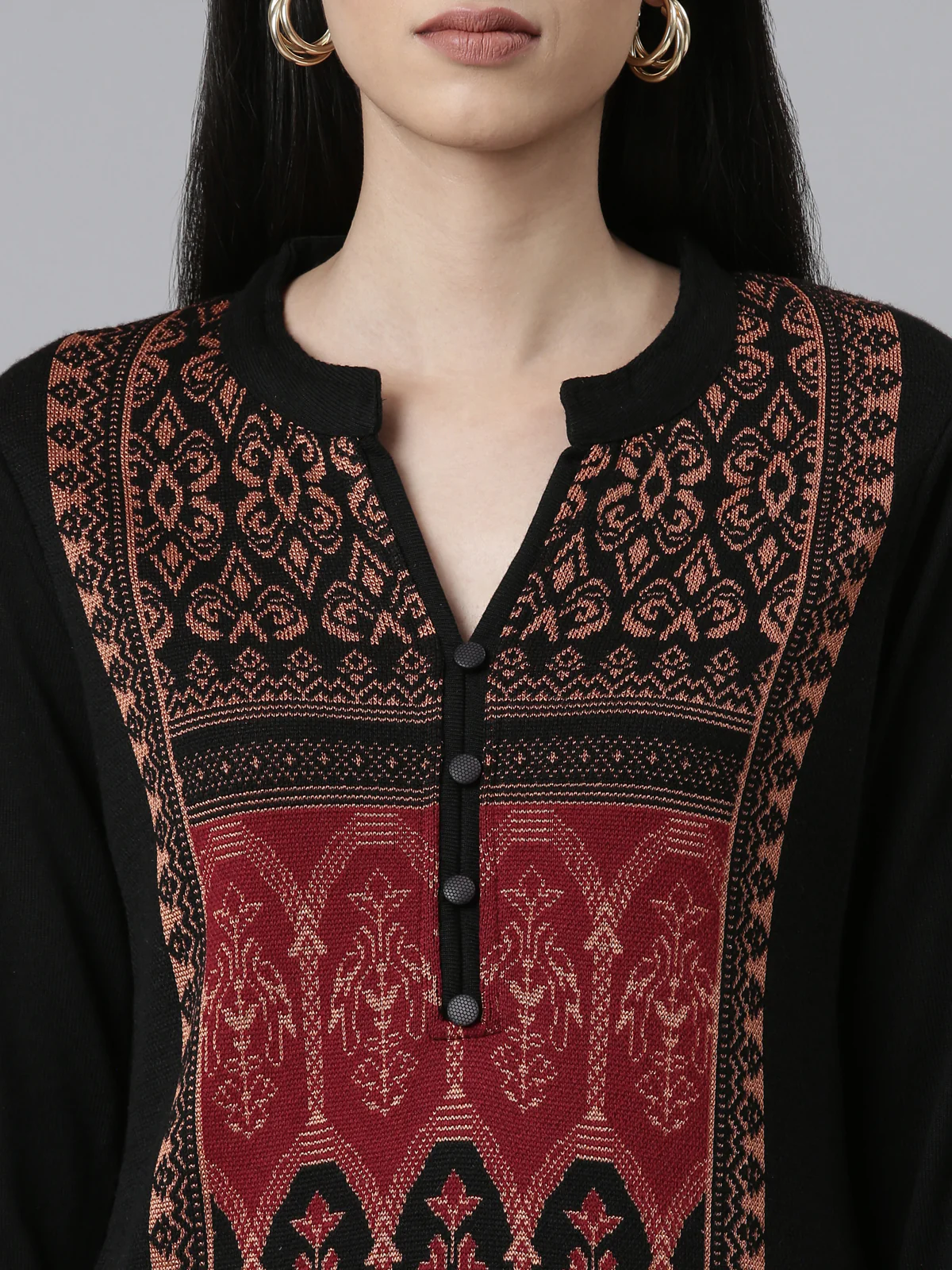 Neerus Winter Wear Band Collar Ethnic Motifs Woven Design Regular Fit Acrylic Kurta For Women - Image 4