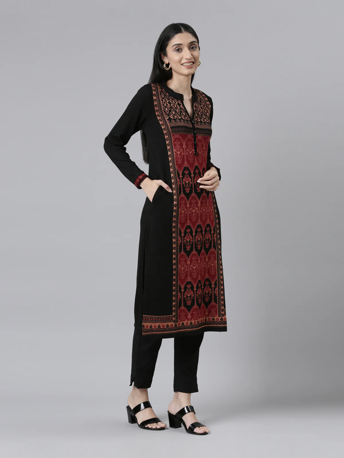 Neerus Winter Wear Band Collar Ethnic Motifs Woven Design Regular Fit Acrylic Kurta For Women - Image 5