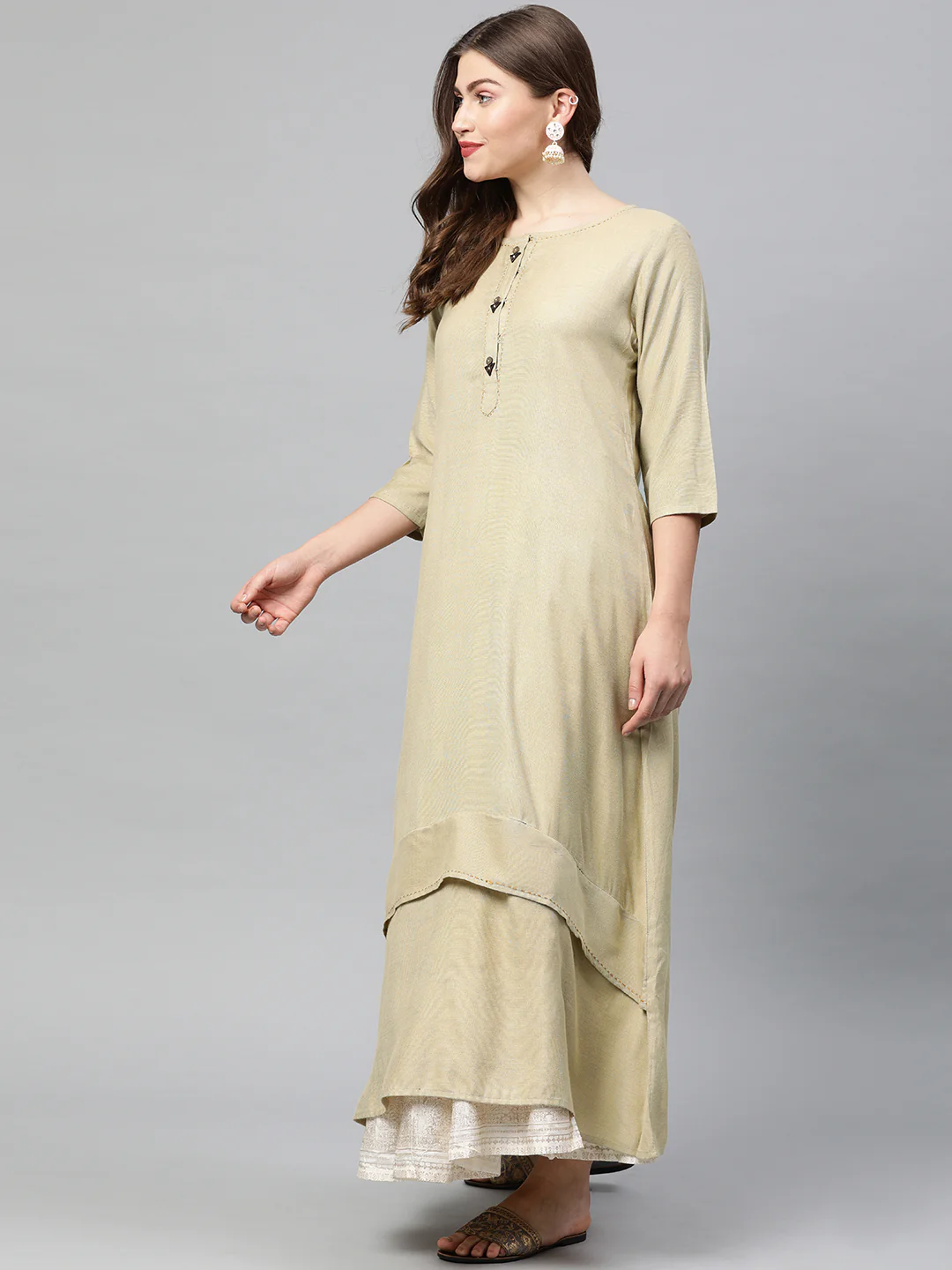 Neerus Beige Anarkali Kurta With Scarf - Image 4