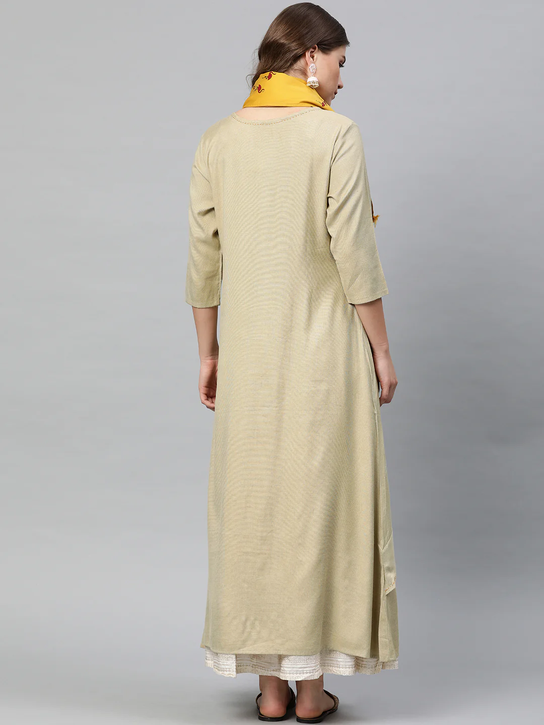 Neerus Beige Anarkali Kurta With Scarf - Image 5
