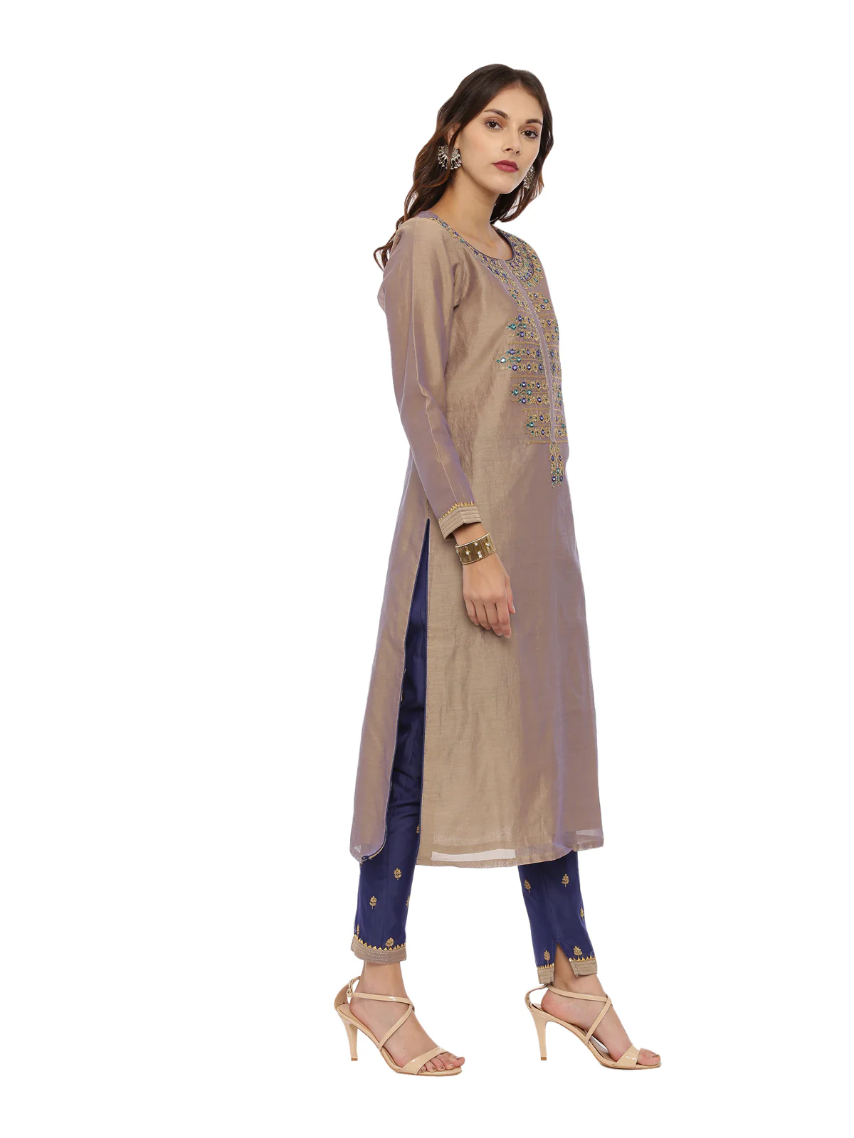 Neerus Beige & Blue Embroidered Kurta With Pant & Dupatta - Image 3