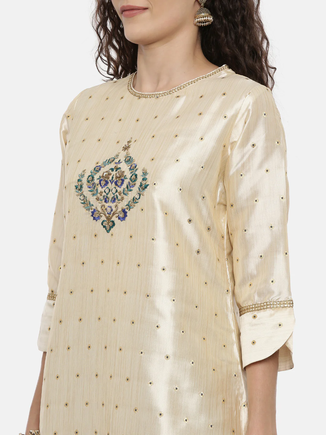 Neerus Beige & Blue Embroidered Kurta With Skirt & Dupatta - Image 2