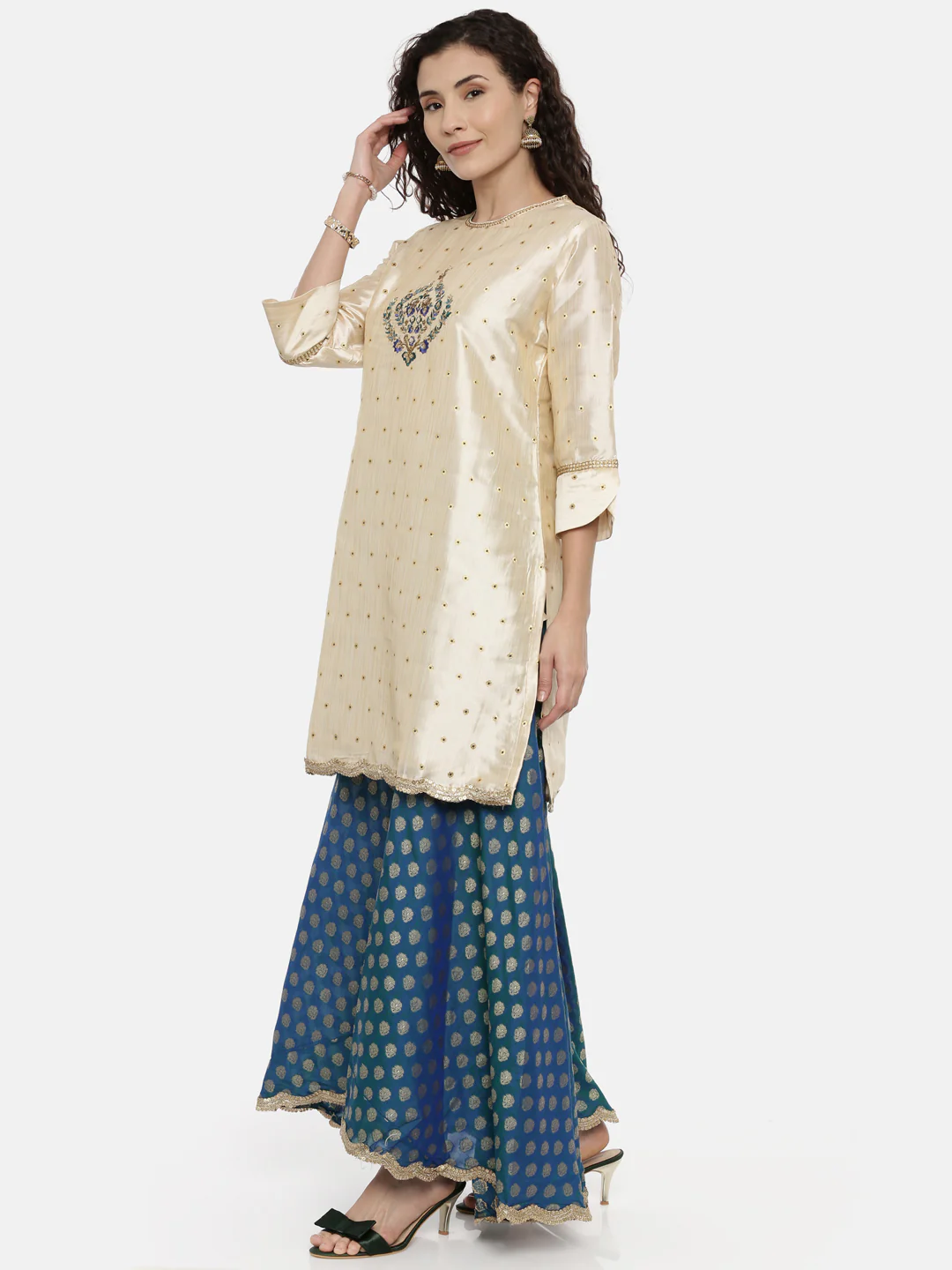 Neerus Beige & Blue Embroidered Kurta With Skirt & Dupatta - Image 3
