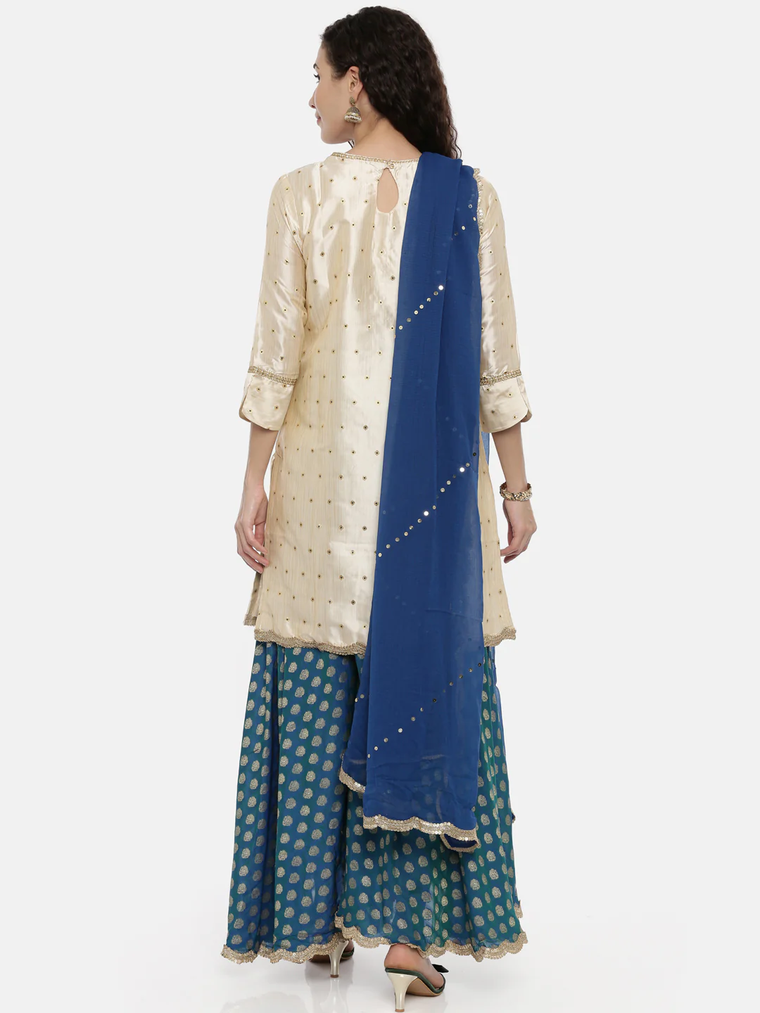 Neerus Beige & Blue Embroidered Kurta With Skirt & Dupatta - Image 4