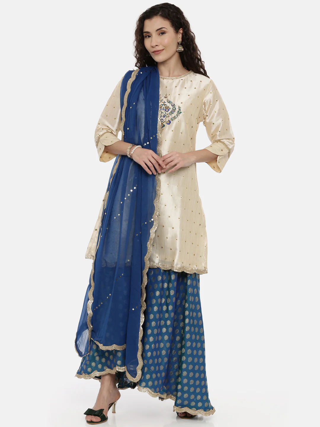 Neerus Beige & Blue Embroidered Kurta With Skirt & Dupatta - Image 5