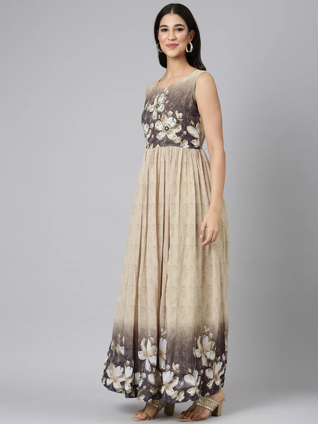 Neerus Beige Casual Floral Maxi Dresses - Image 2