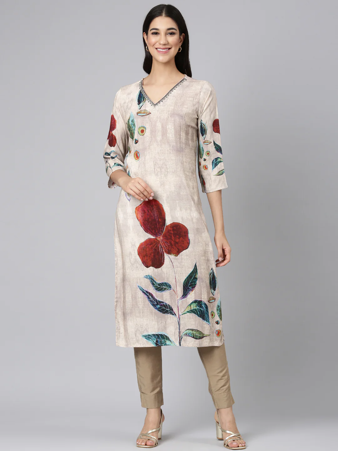 Neerus Beige Casual Floral Straight Kurta