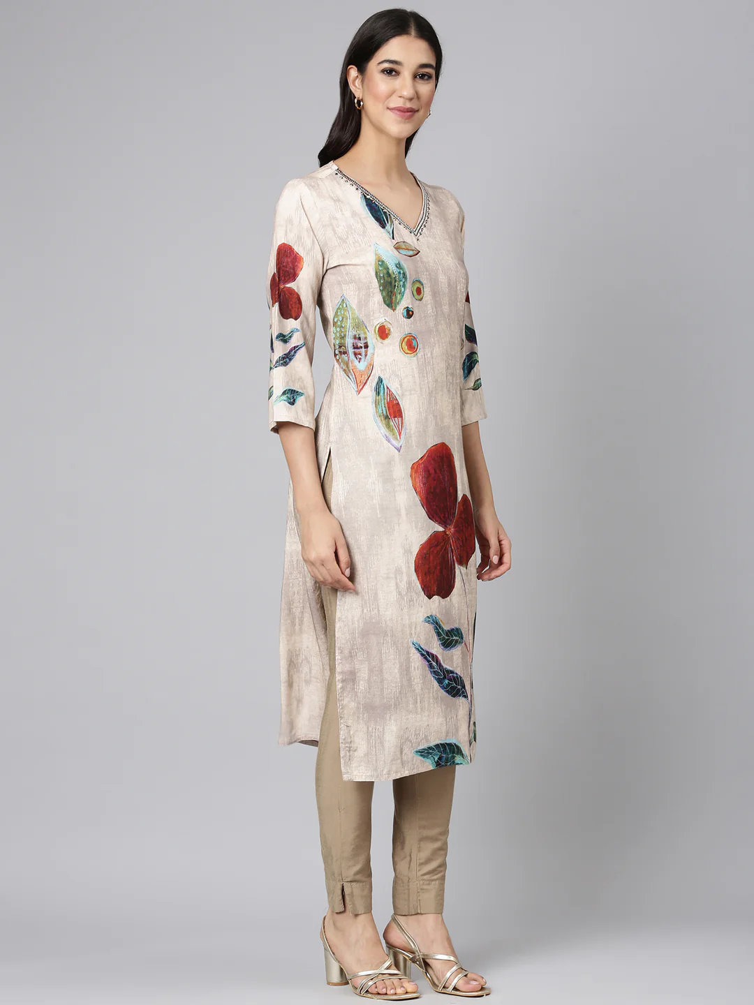 Neerus Beige Casual Floral Straight Kurta - Image 2