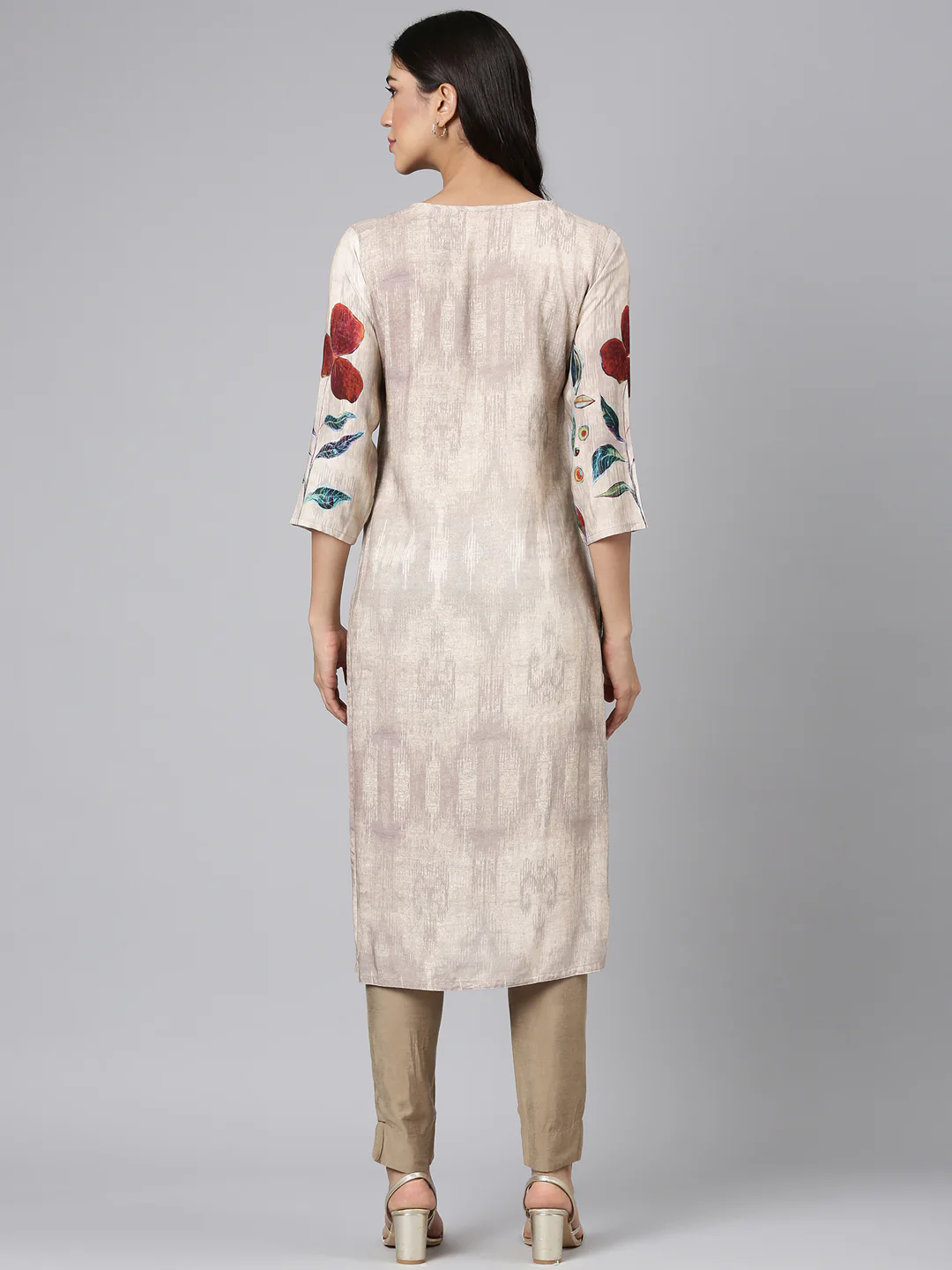 Neerus Beige Casual Floral Straight Kurta - Image 3