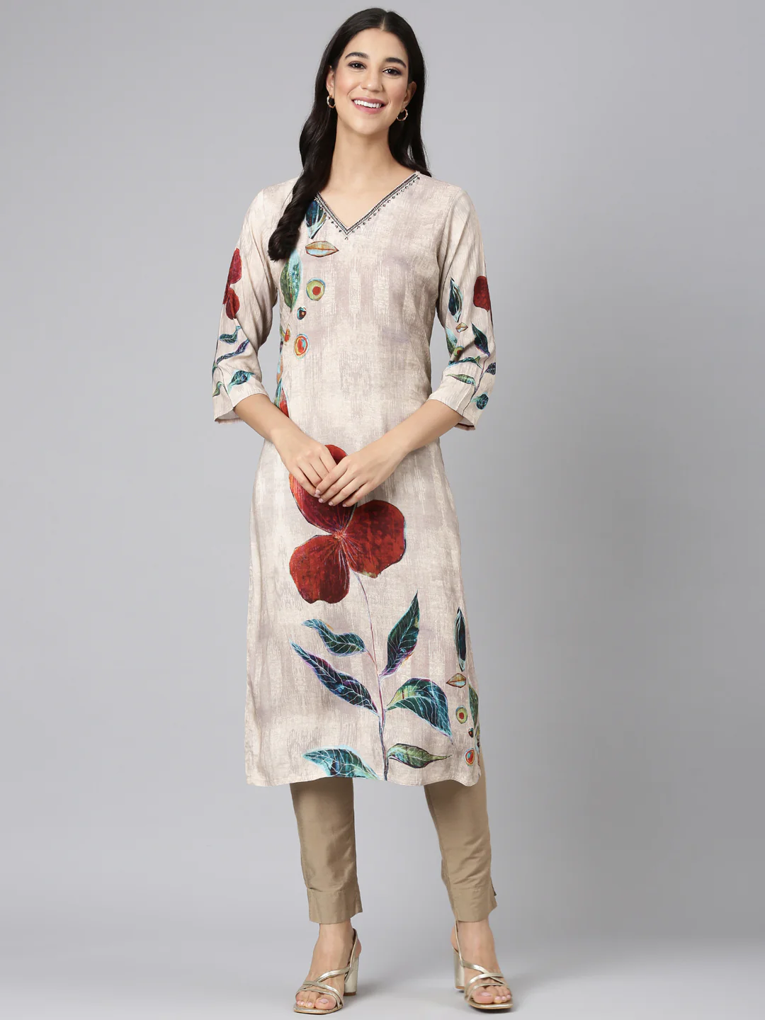 Neerus Beige Casual Floral Straight Kurta - Image 5