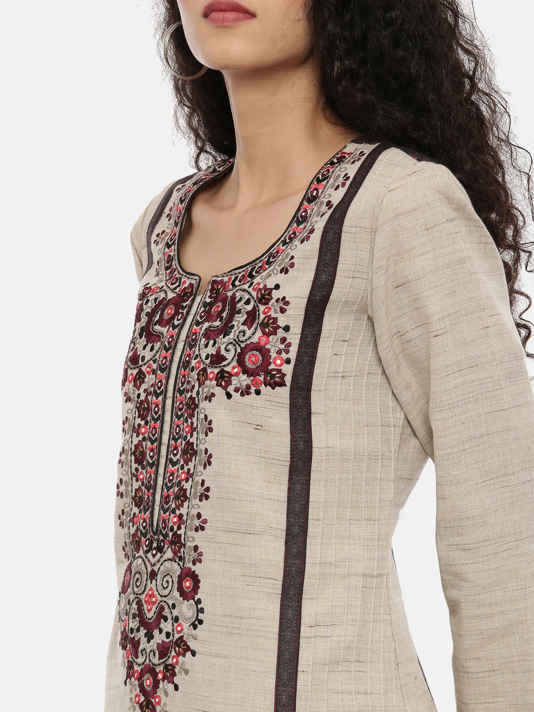 Neerus Beige Color Chanderi Fabric Full Sleeves Suit-Pant - Image 2