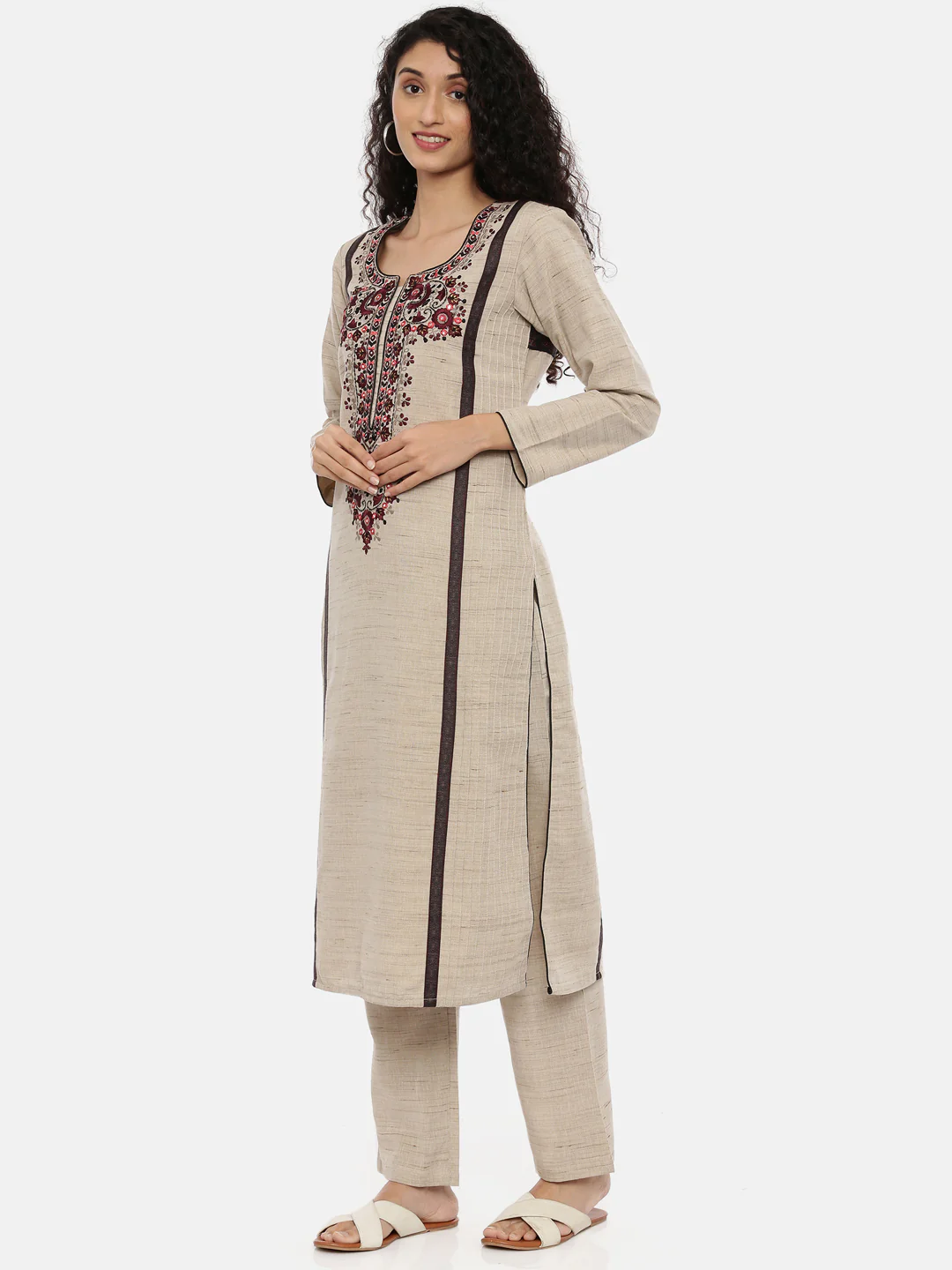 Neerus Beige Color Chanderi Fabric Full Sleeves Suit-Pant - Image 5