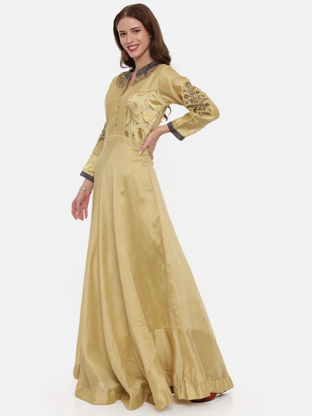 Neerus Beige Color Chanderi Silk Fabric Gown - Image 5