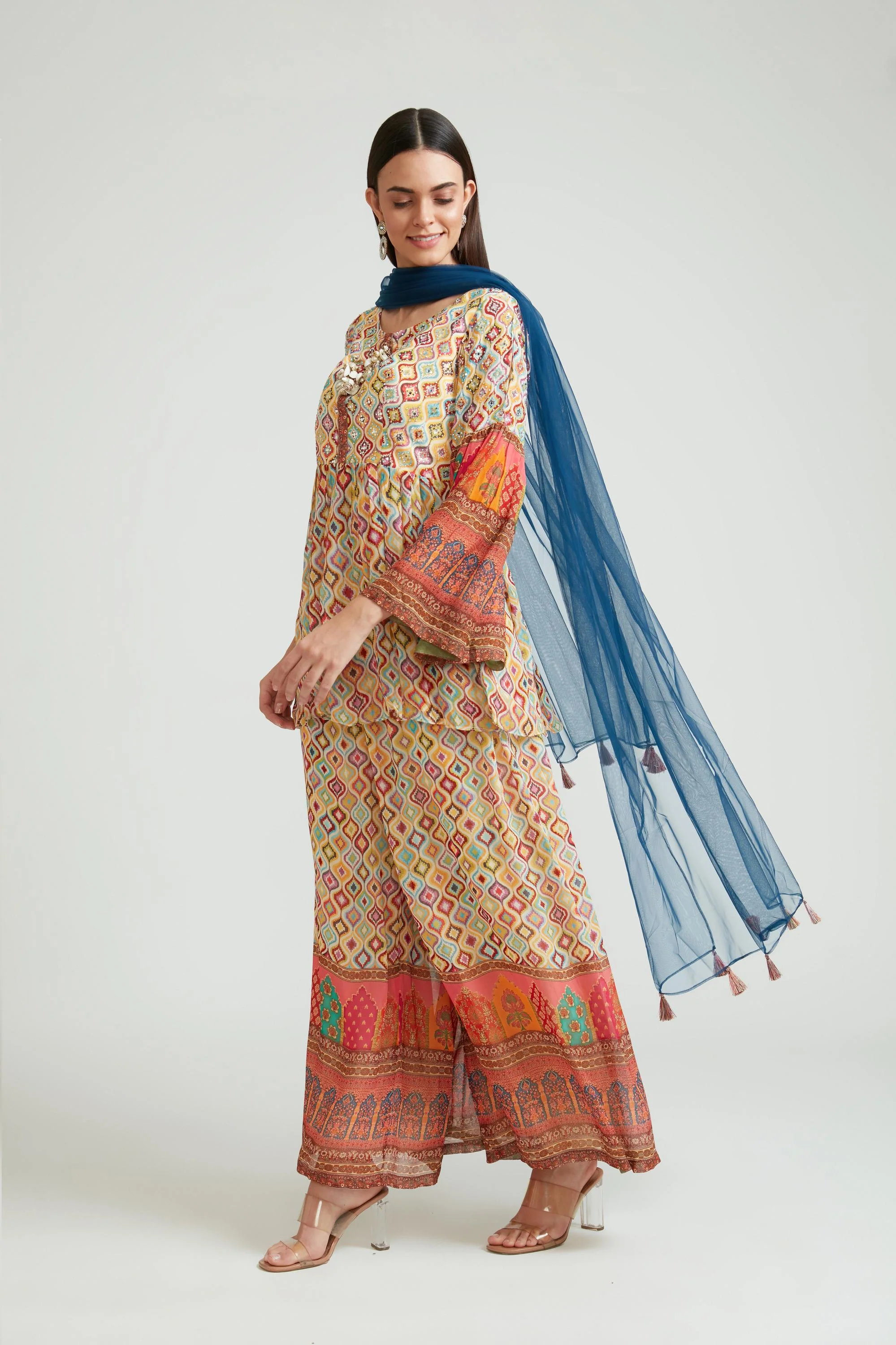 Neerus Beige Color Georgette Fabric Anarkali Suit Set