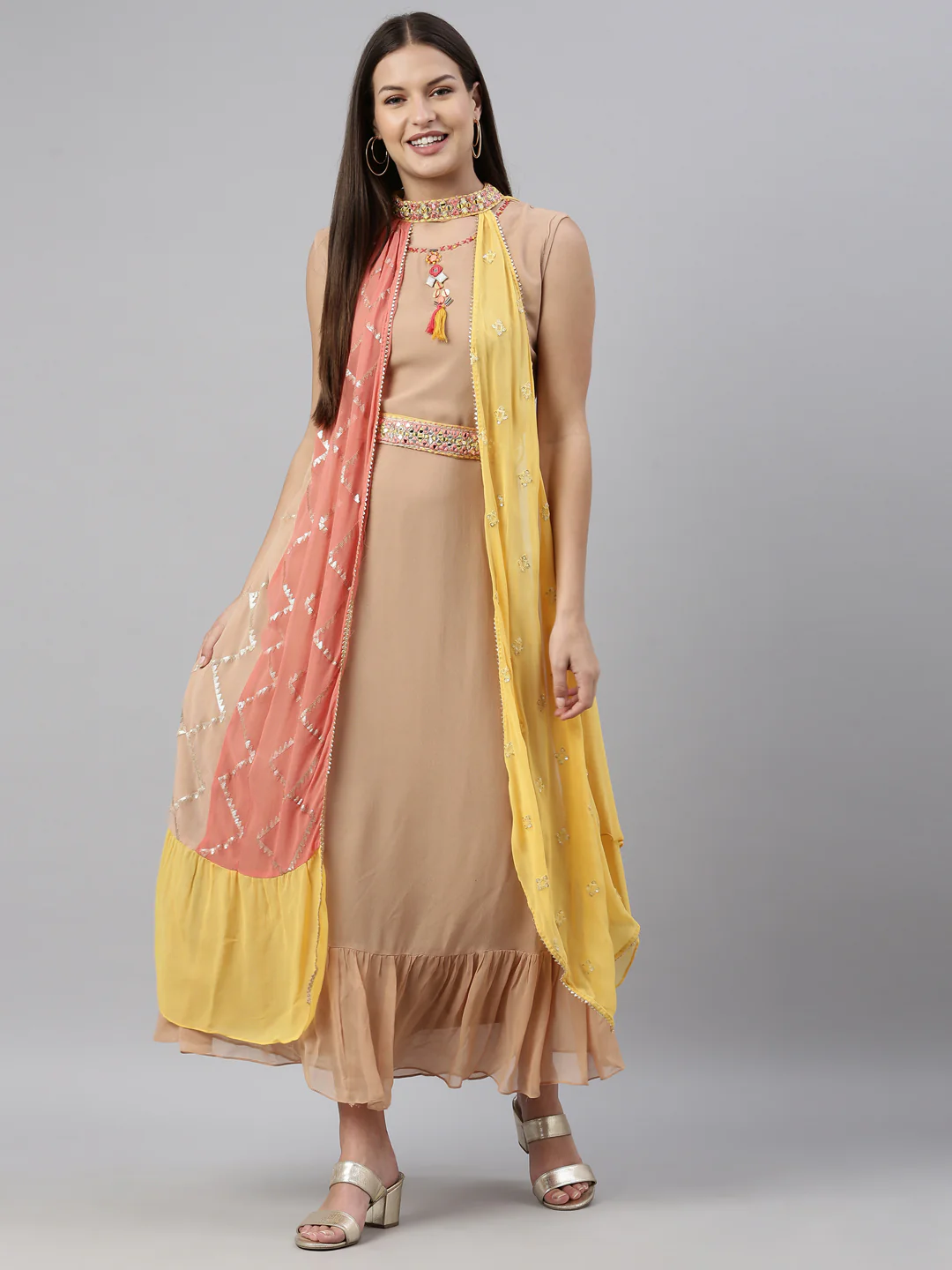 Neerus Beige Color Georgette Fabric Kurta - Image 7