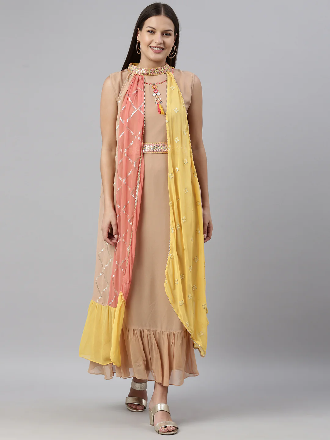 Neerus Beige Color Georgette Fabric Kurta - Image 9
