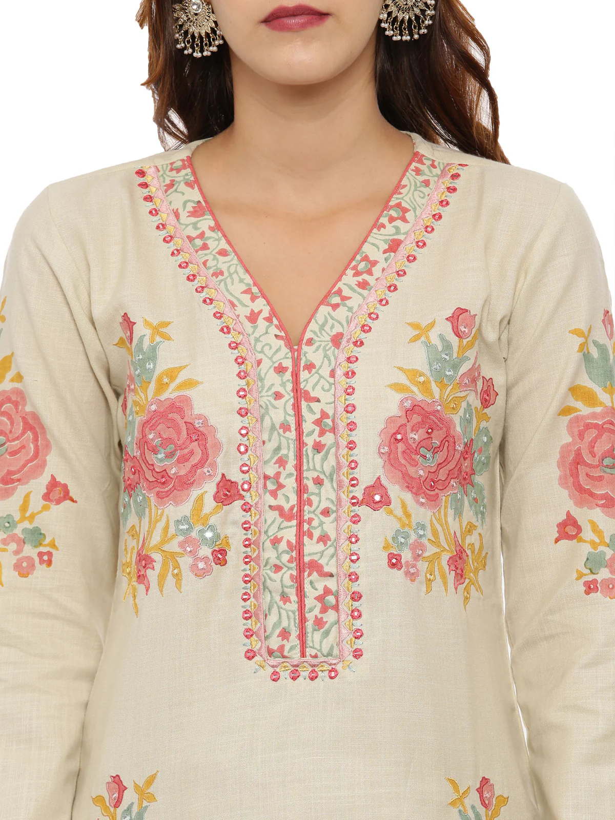 Neerus Beige Color Handloom Fabric Full Sleeves Suit-Pant - Image 2