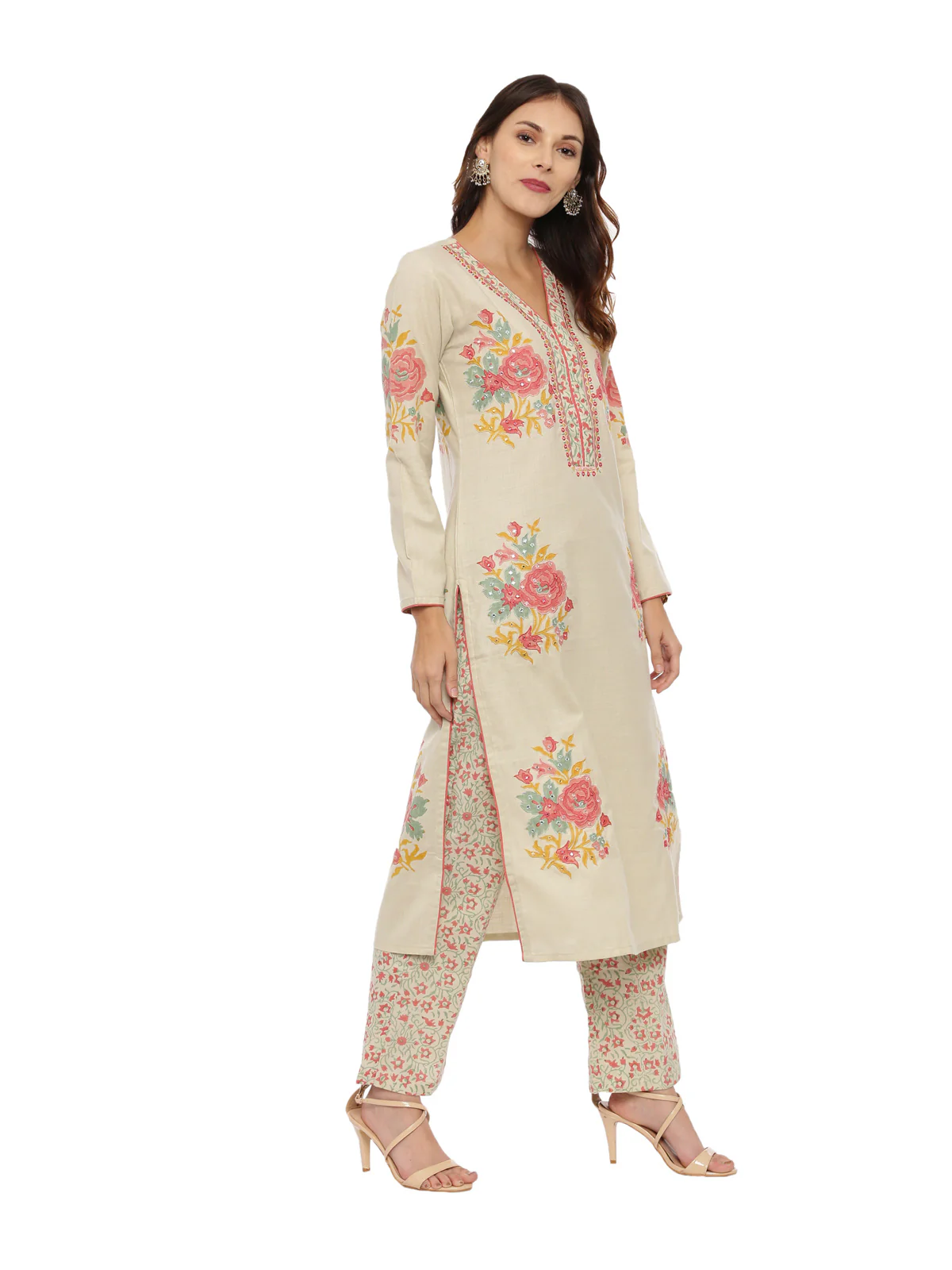 Neerus Beige Color Handloom Fabric Full Sleeves Suit-Pant - Image 3