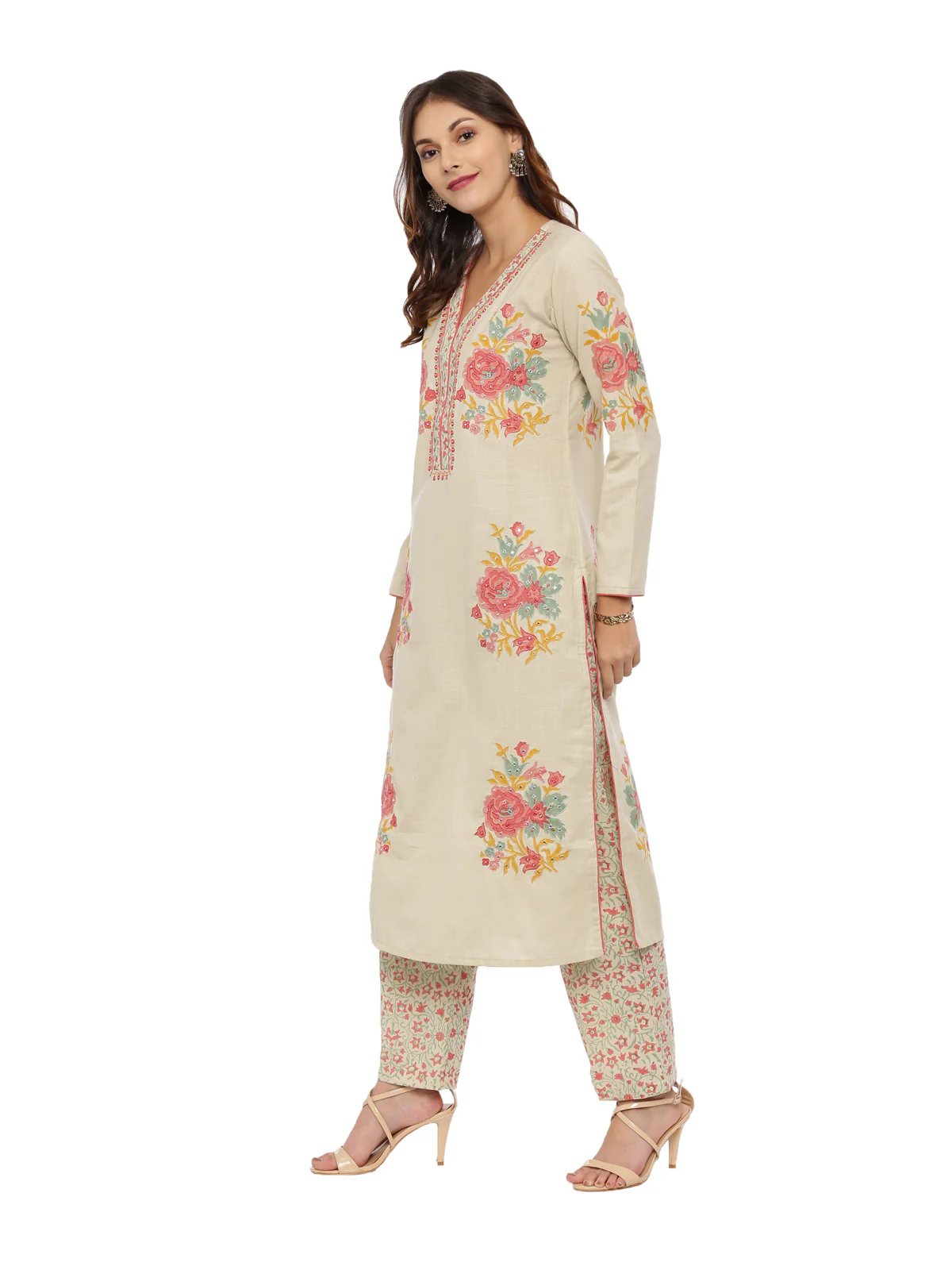 Neerus Beige Color Handloom Fabric Full Sleeves Suit-Pant - Image 5