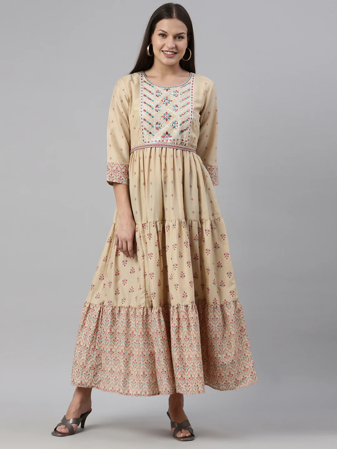 Neerus Beige Color Muslin Fabric Kurta