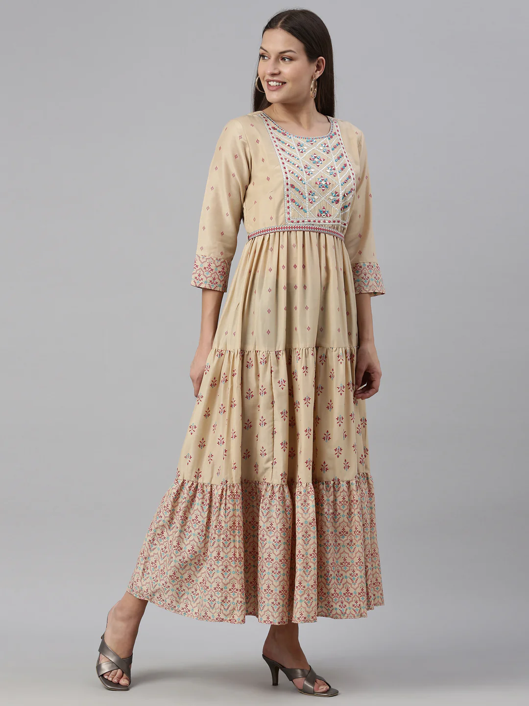 Neerus Beige Color Muslin Fabric Kurta - Image 4