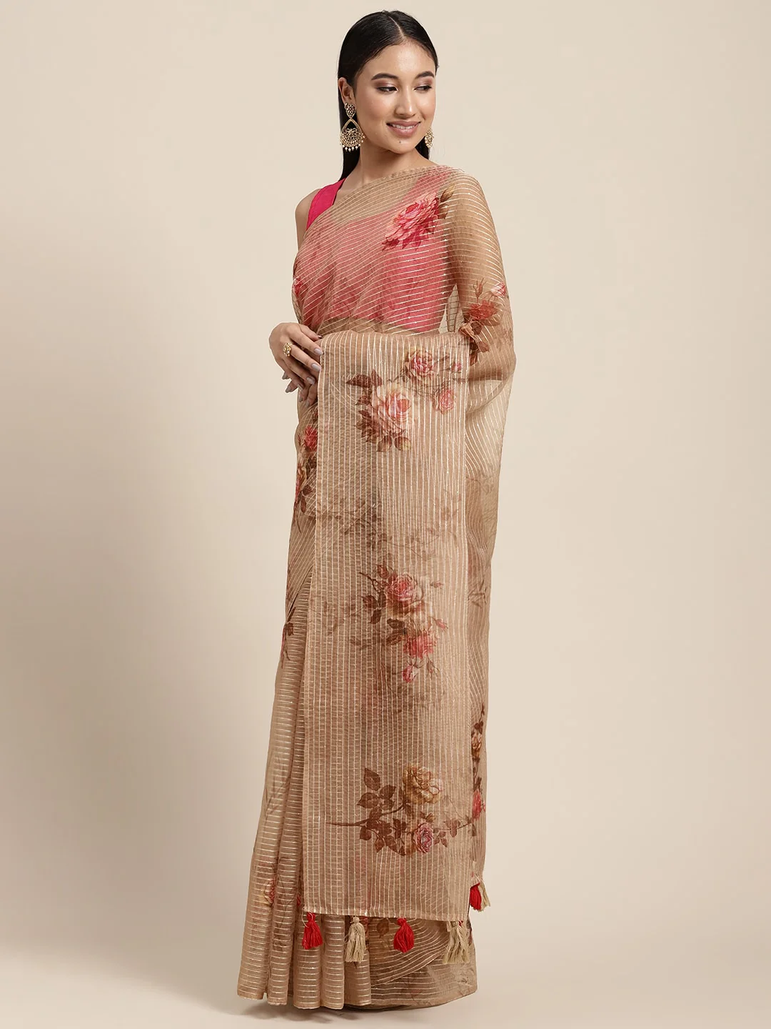 Neerus Beige Color Organza Fabric Saree