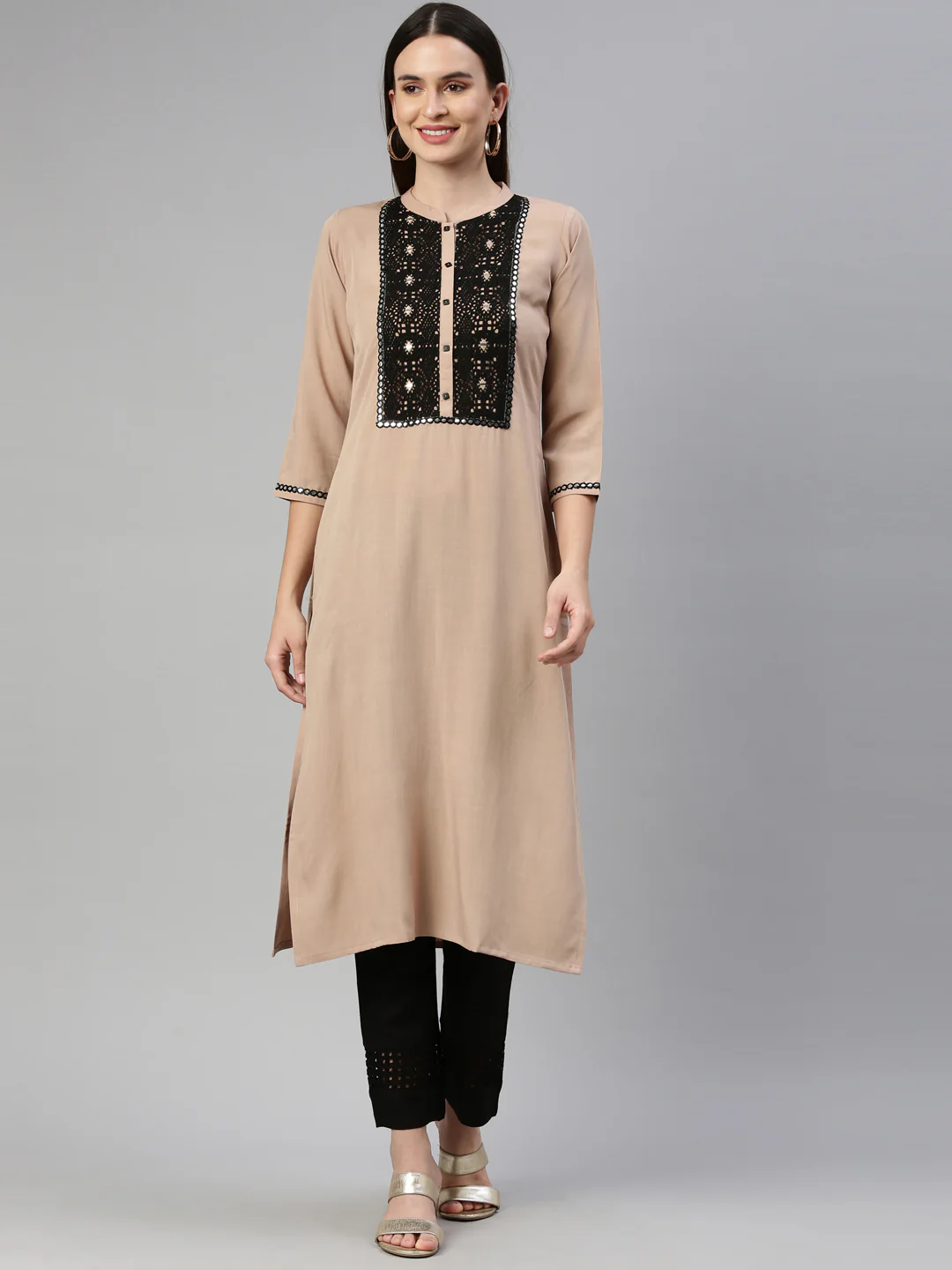Neerus Beige Color Rayon Fabric Kurta - Image 10