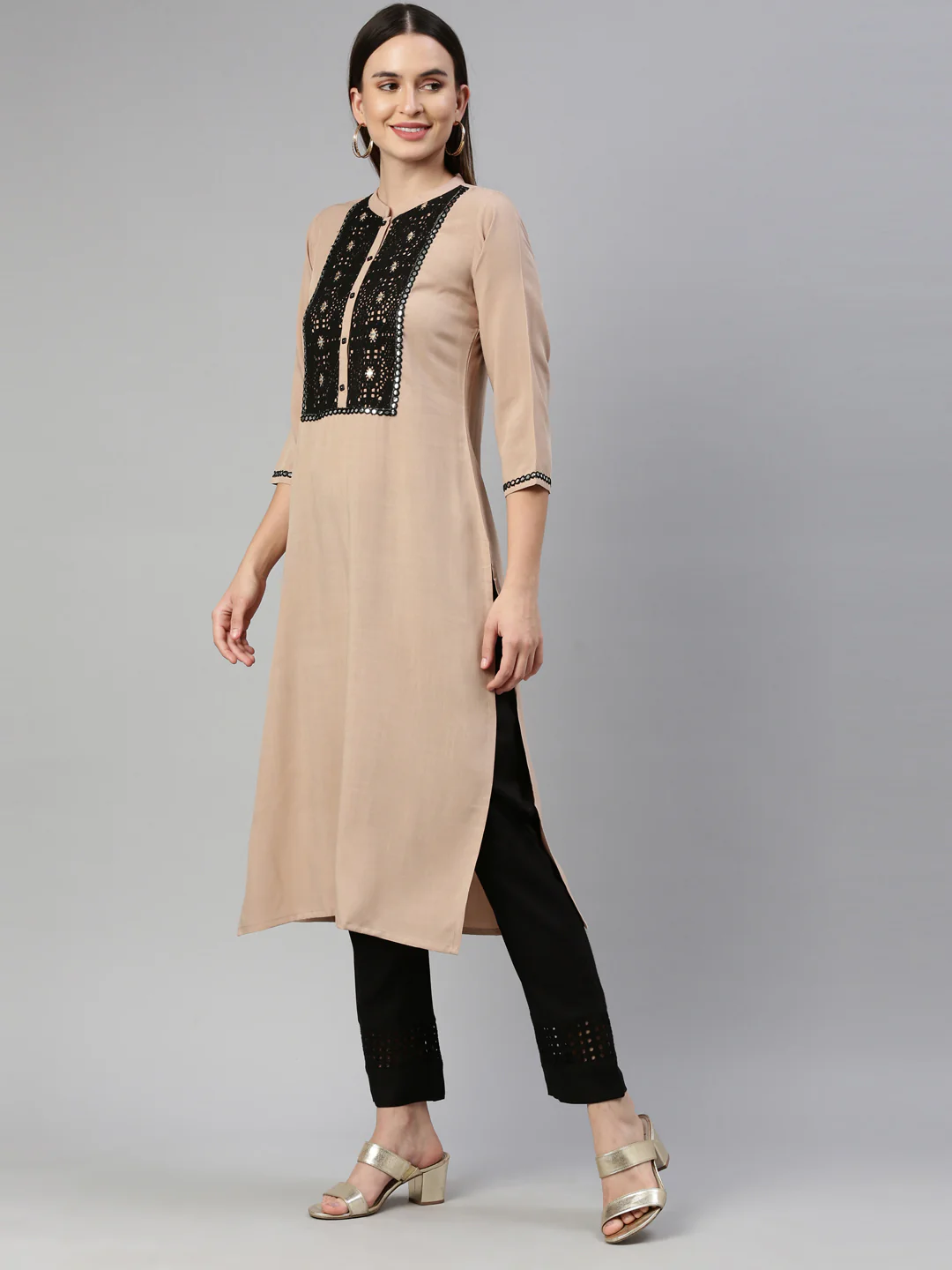 Neerus Beige Color Rayon Fabric Kurta - Image 3