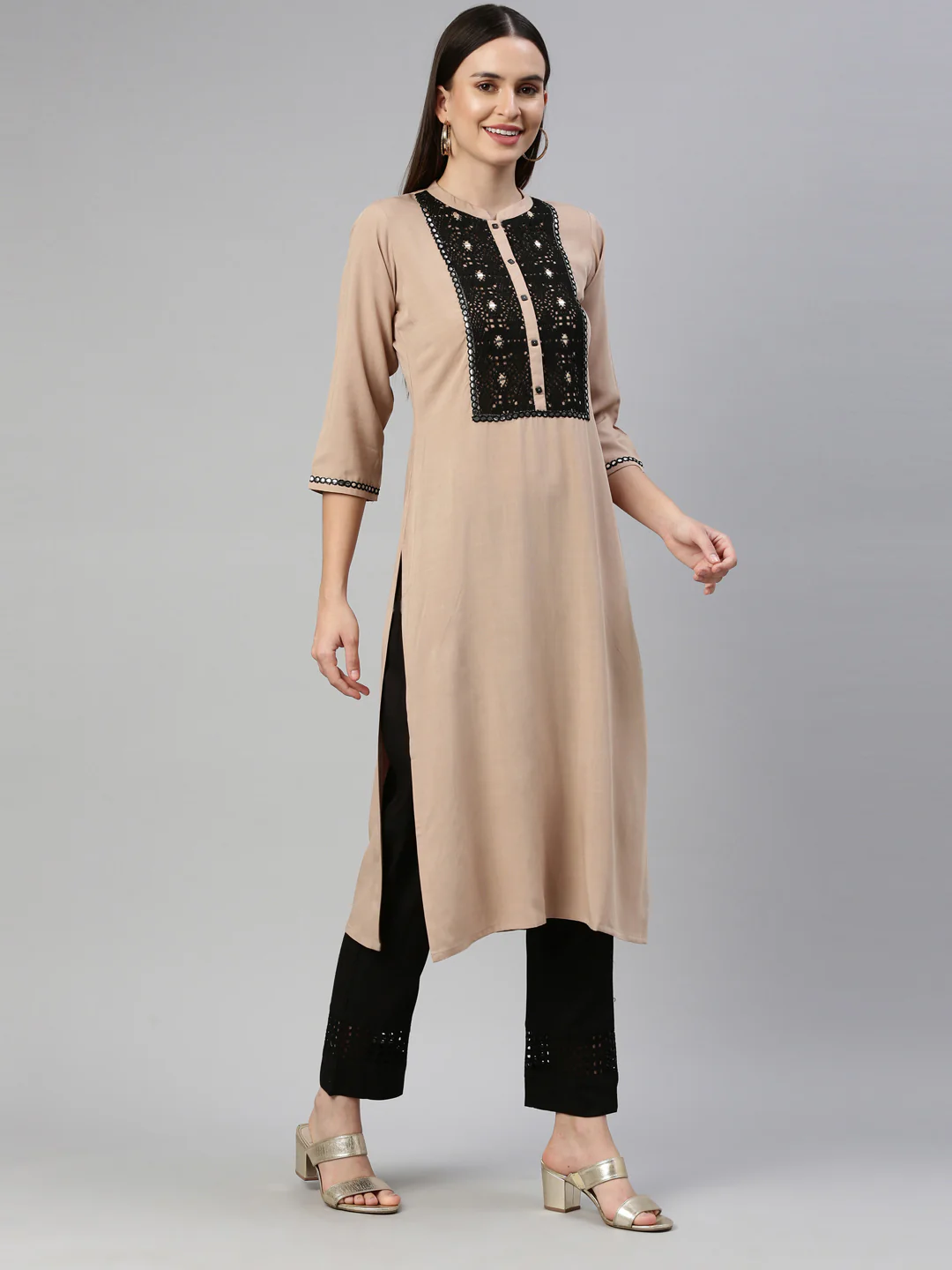 Neerus Beige Color Rayon Fabric Kurta - Image 4