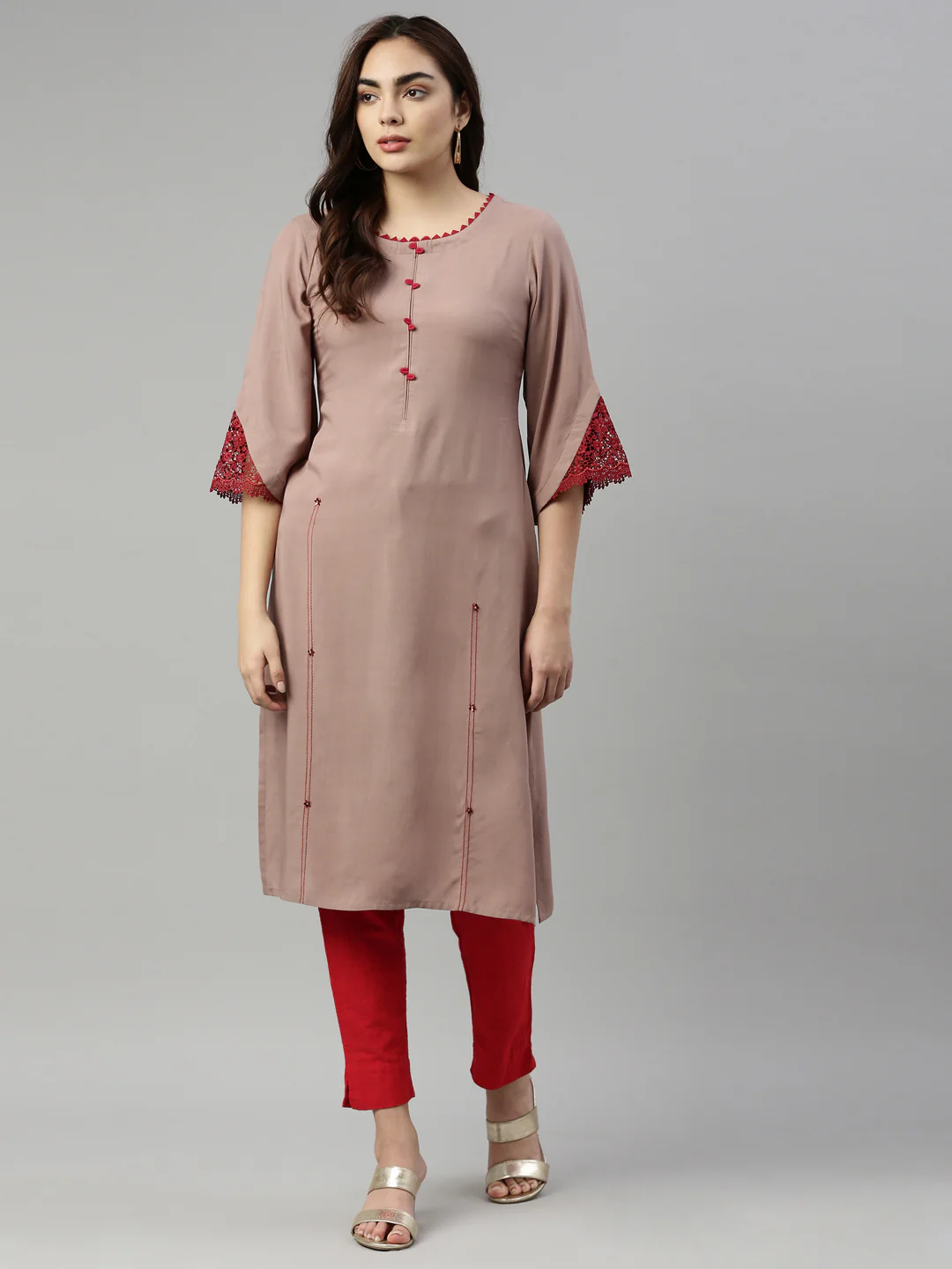 Neerus Beige Color Rayon Fabric Kurta - Image 6
