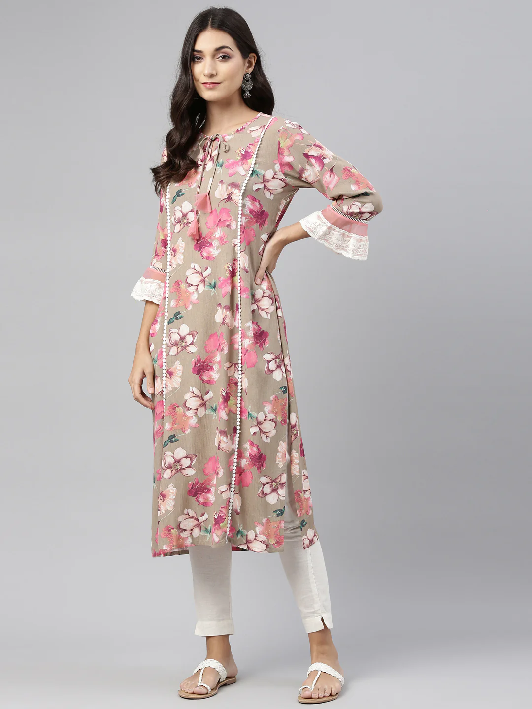 Neerus Beige Color Rayon Fabric Tunic - Image 8