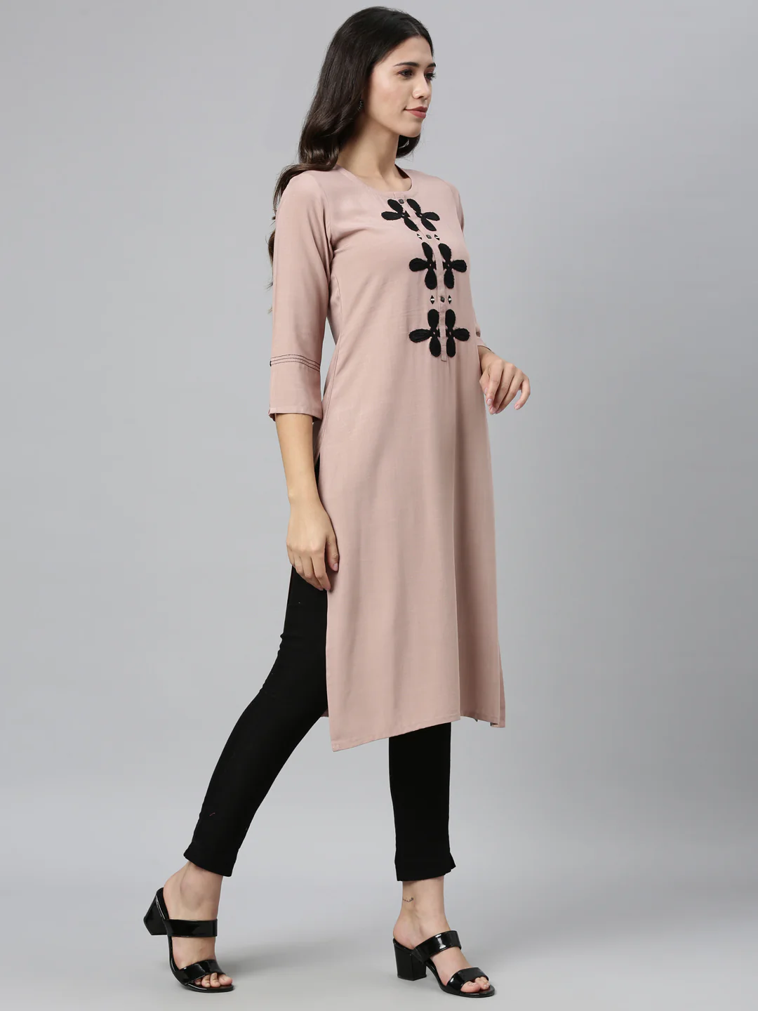 Neerus Beige Color Slub Rayon Fabric Kurta